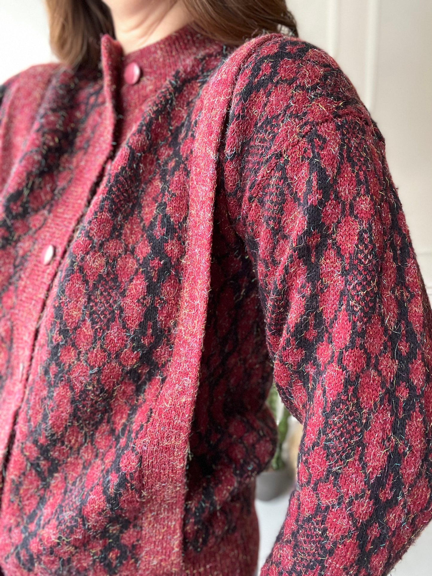 Red and Black Giraffe Tinsel Sweater - Size S/M