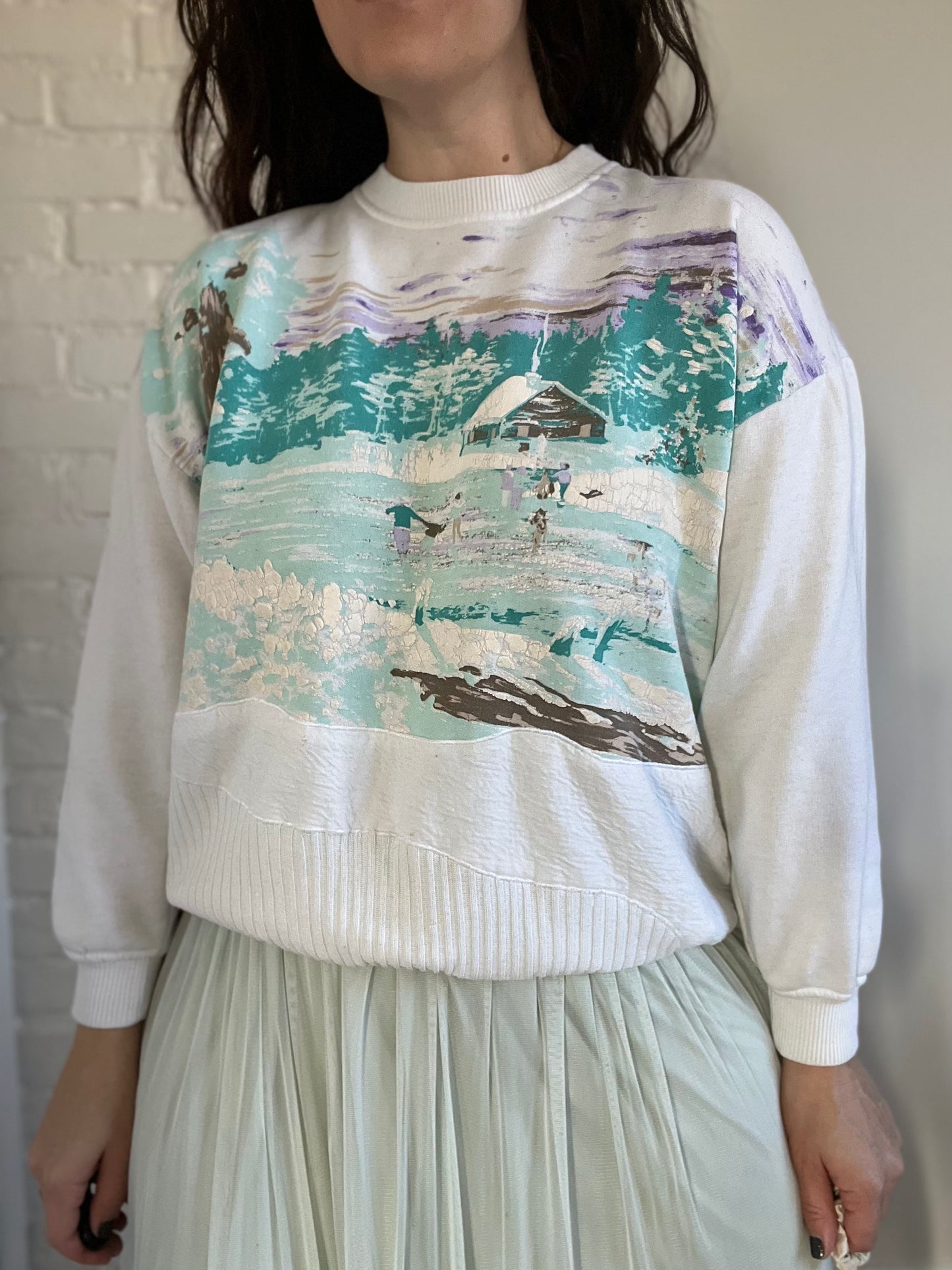 Vintage Skating Cottage Scene Sweater - L