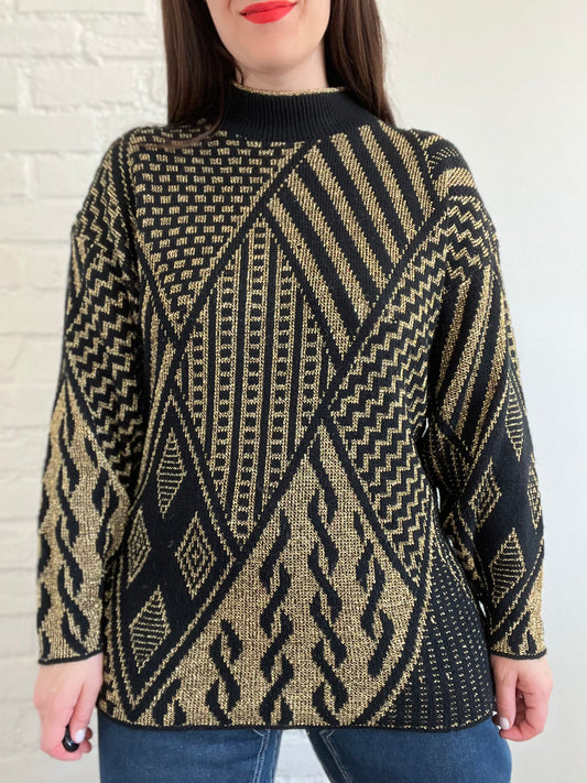 Black & Gold Metallic Knit Sweater - L