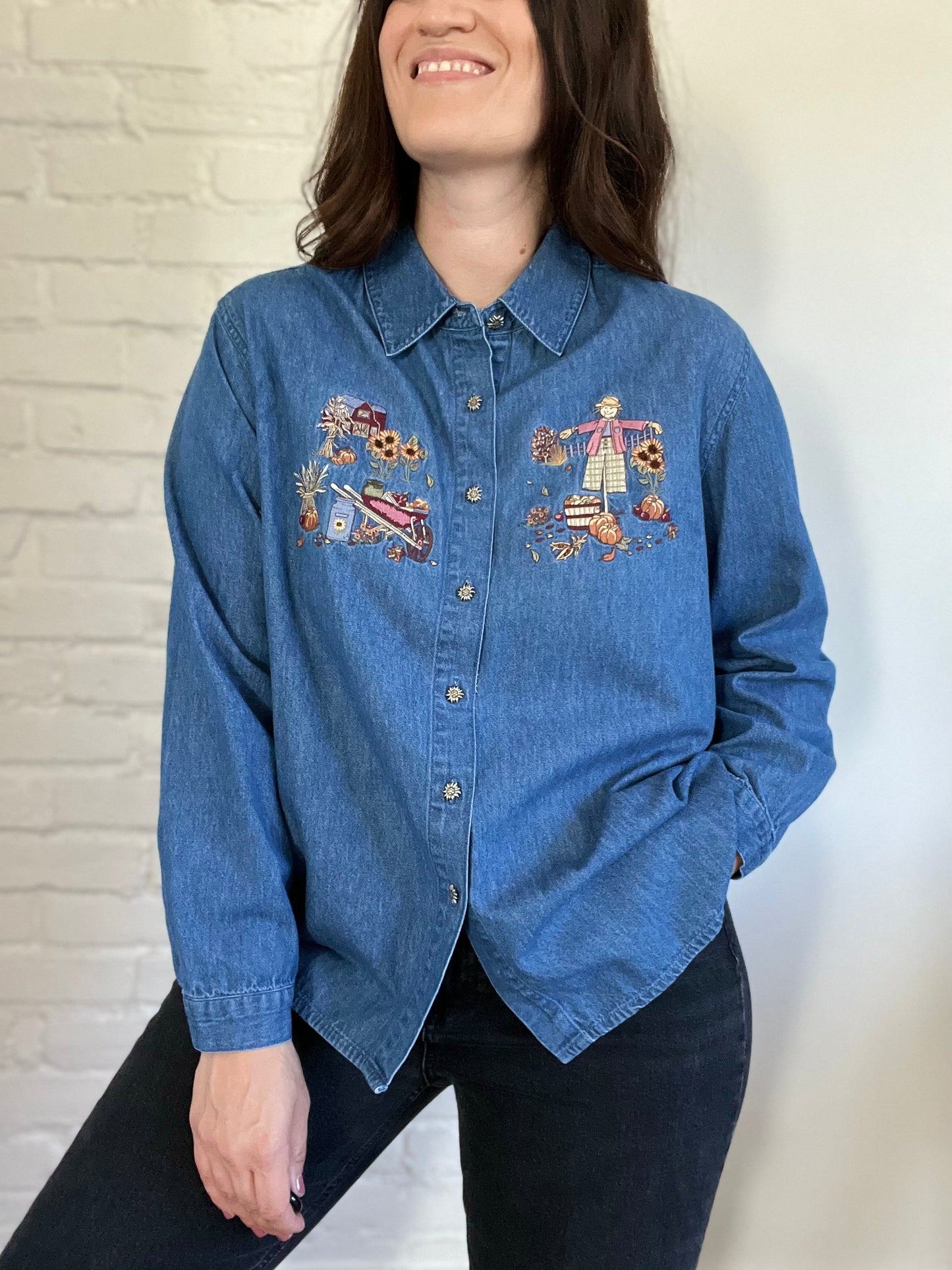 Pumpkin Denim Fall Button Up Shirt - Size XL