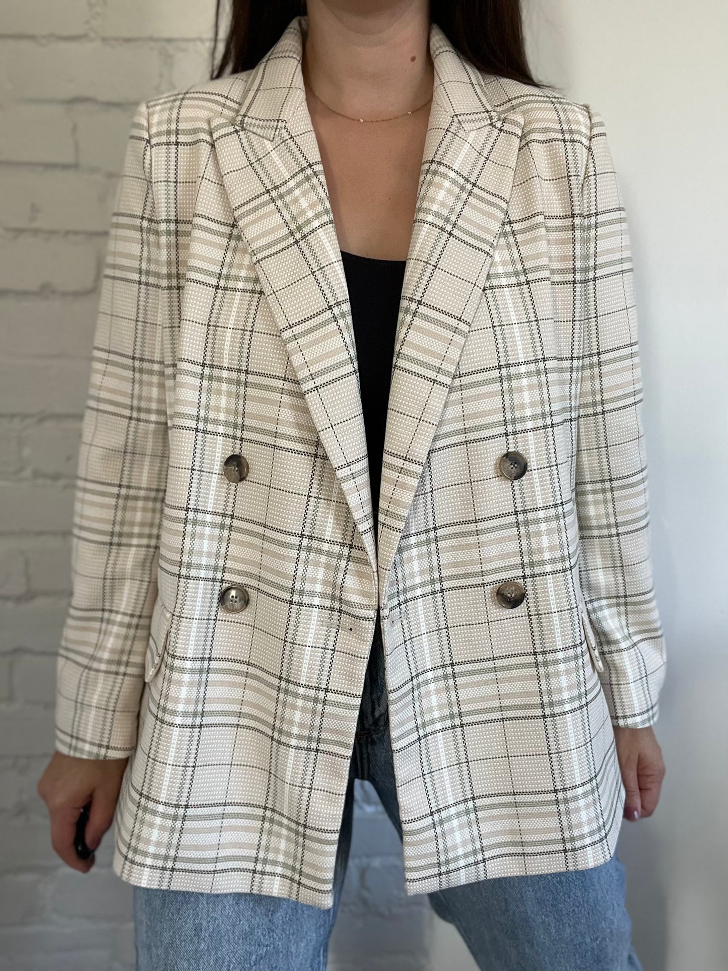 Neutral & Green Plaid Blazer Jacket - Size L