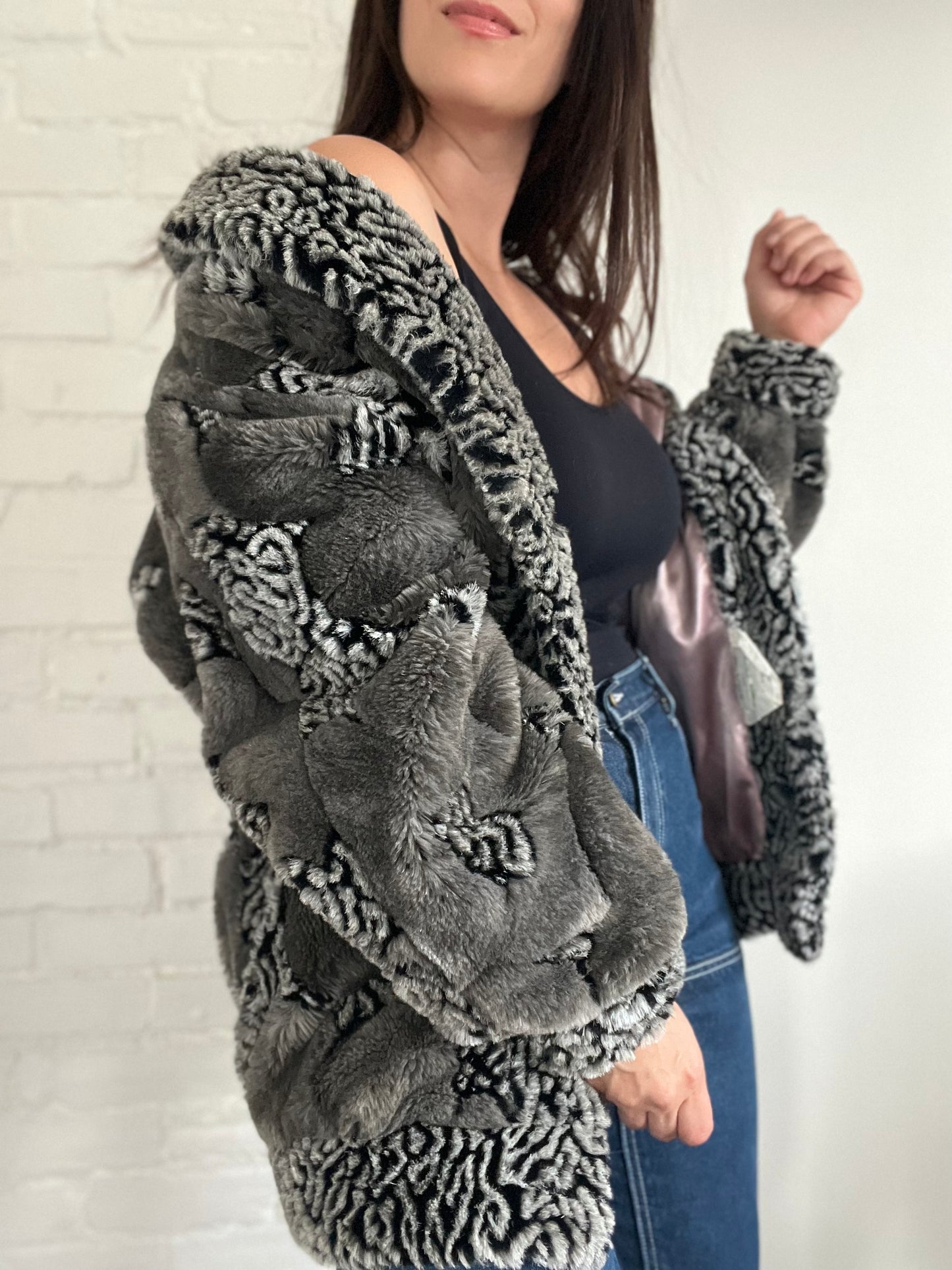 Grey & Black Faux Fur Jacket - Size S/M