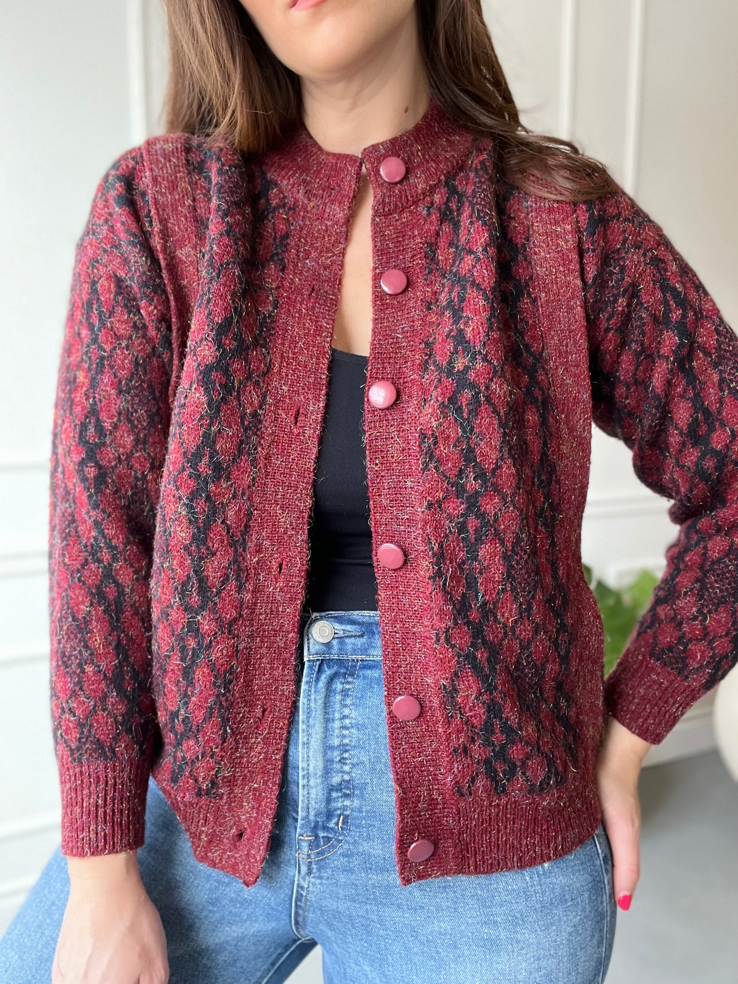 Red and Black Giraffe Tinsel Sweater - Size S/M