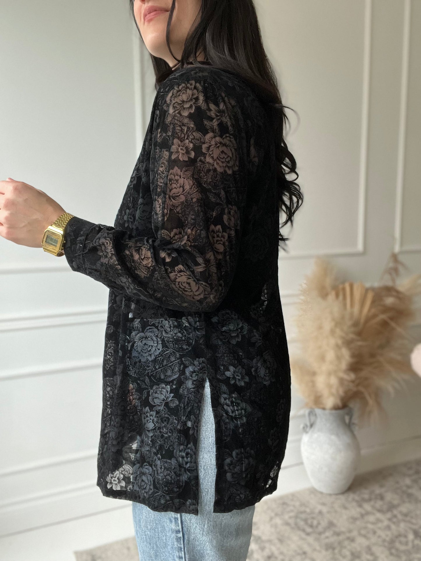 Sheer Velvet Floral Button Up - Size XL