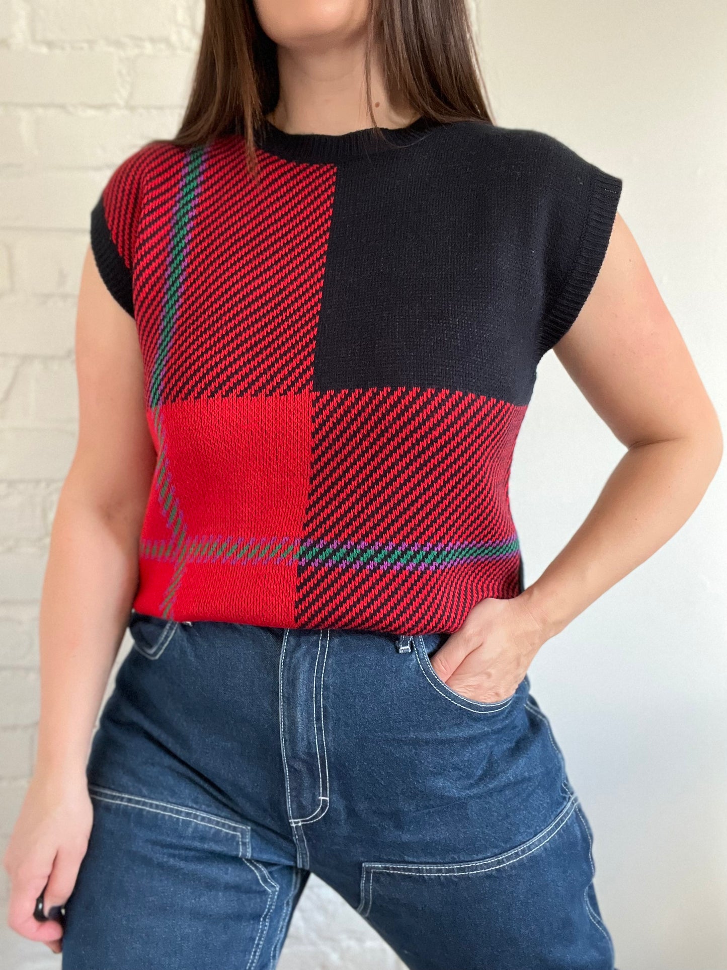 Plaid Knit Sleeveless Top - Size M