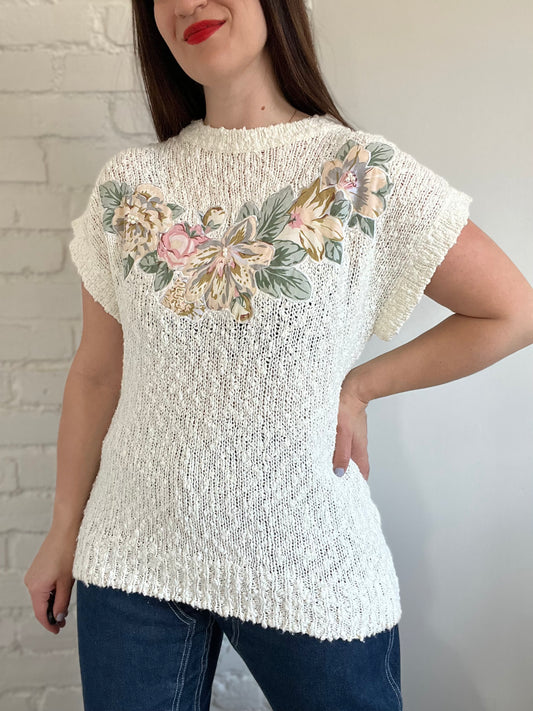 Sleeveless Floral Pearl Top - M