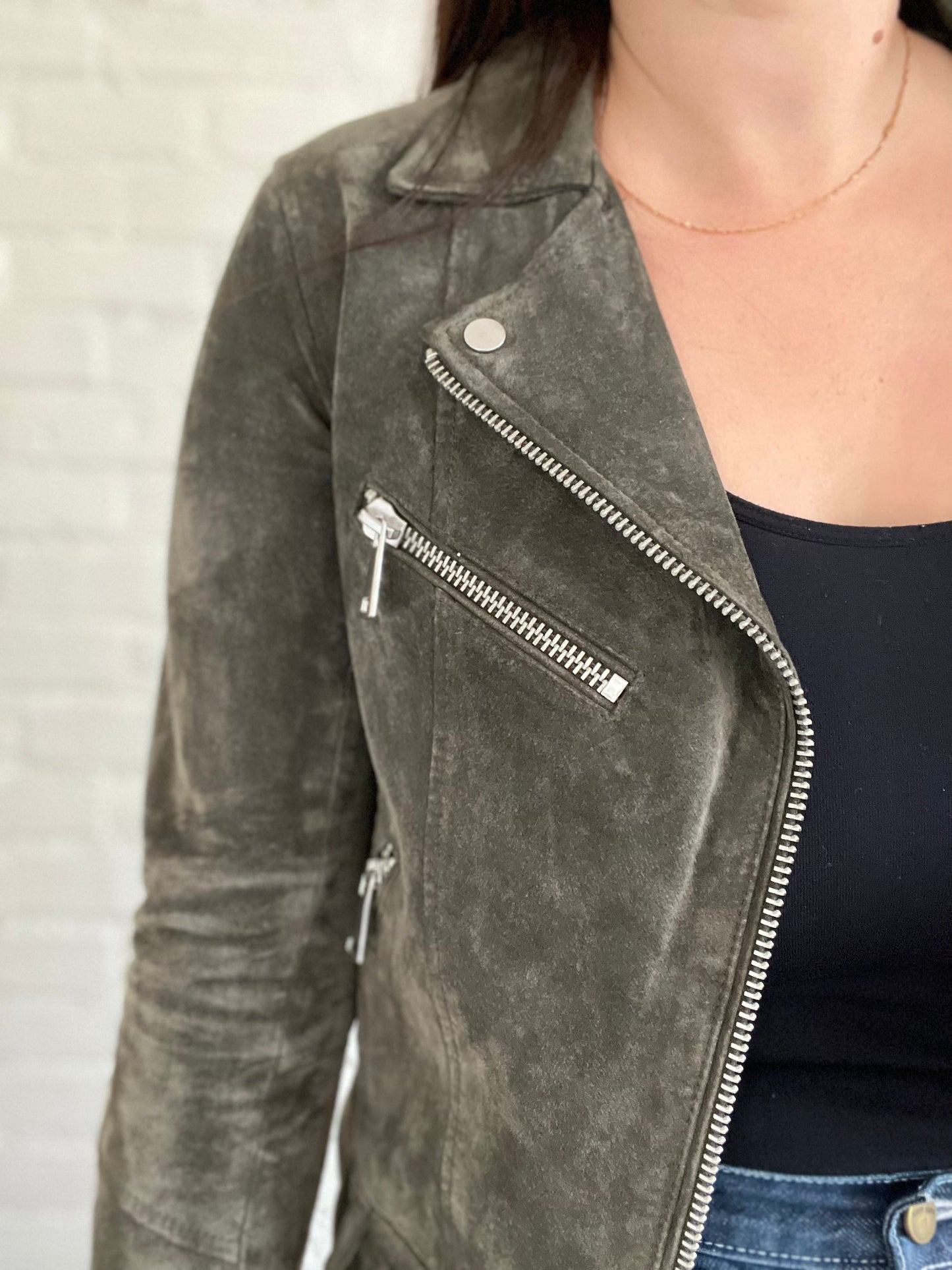 Army Green 100% Leather Suede Moto Jacket - Size 4