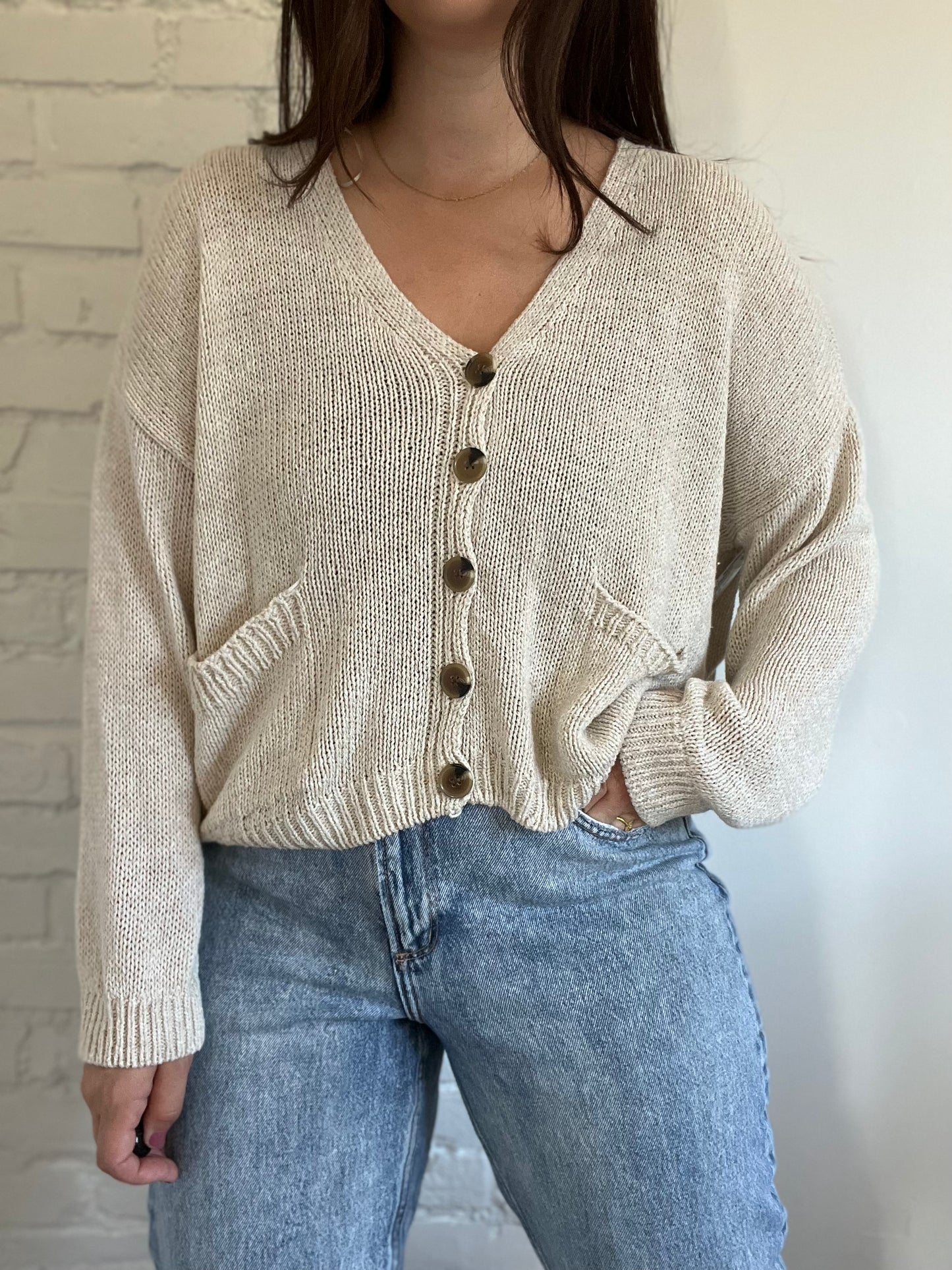 Relaxed Oatmeal Knit Cardigan - Size M