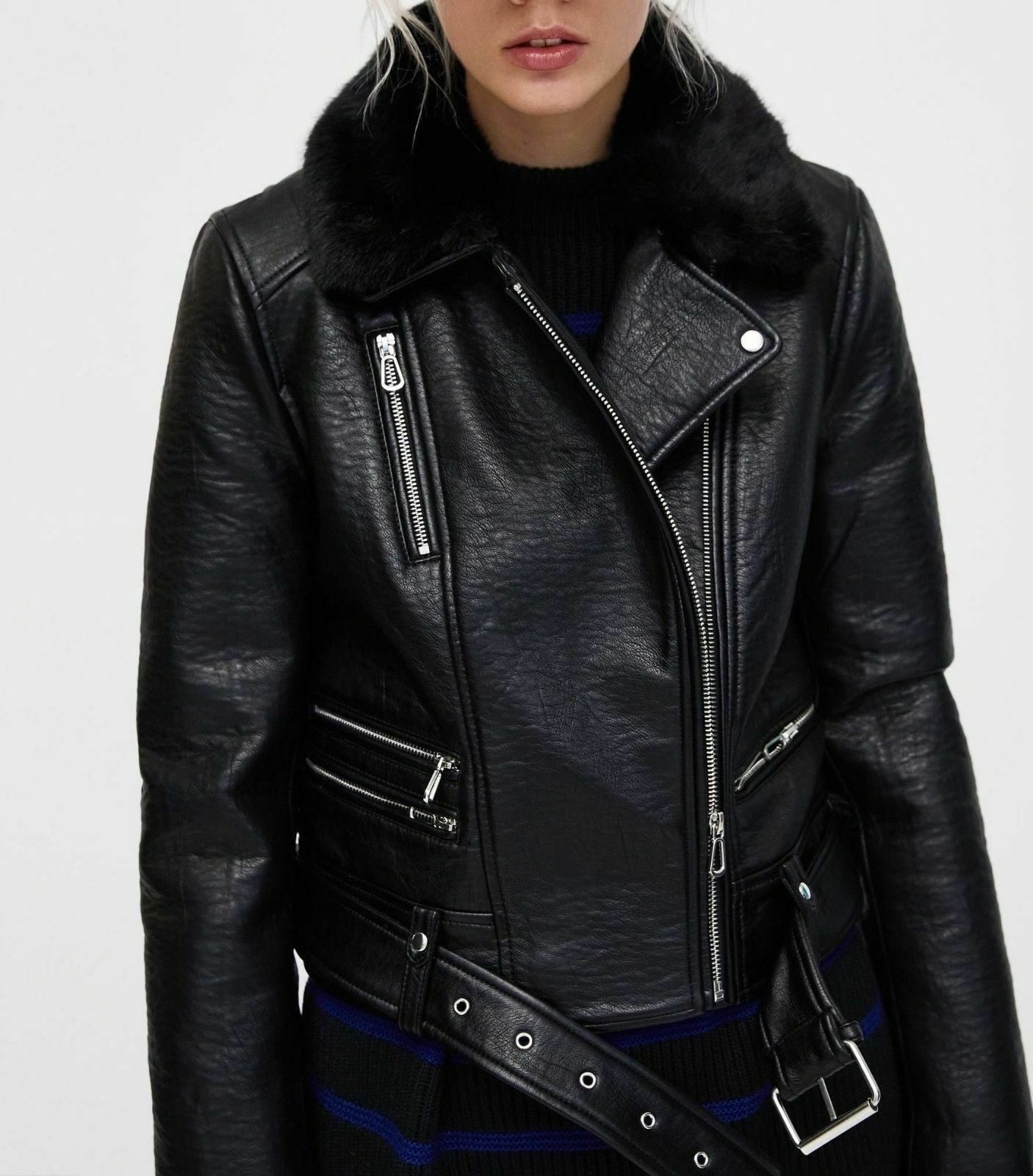 Faux Fur Collar Biker Jacket  - Size S