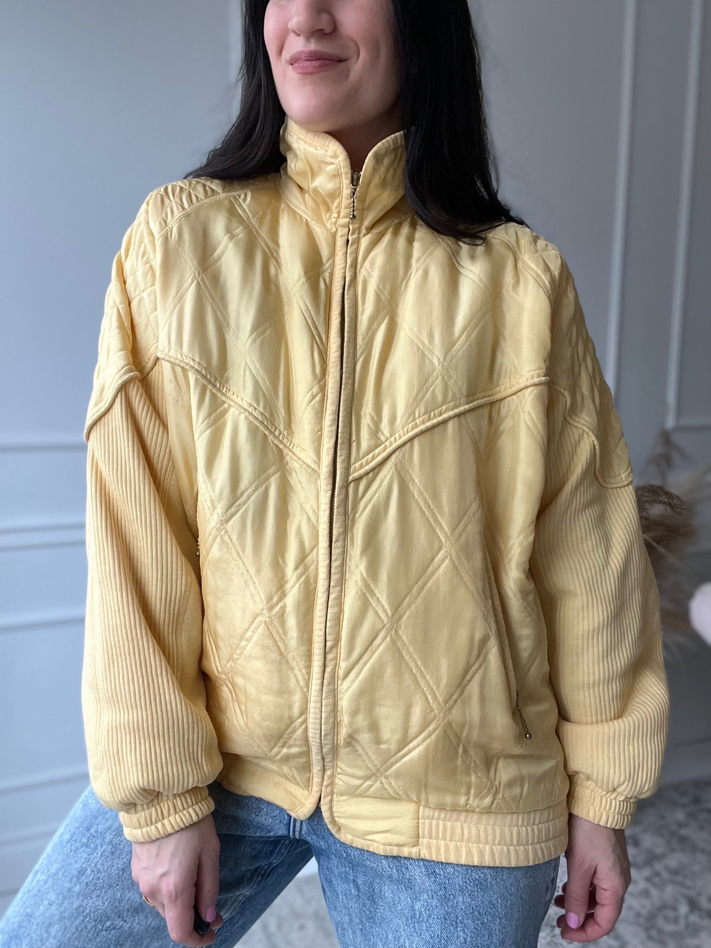 Pastel Yellow Quilted Silk Jacket - Size L