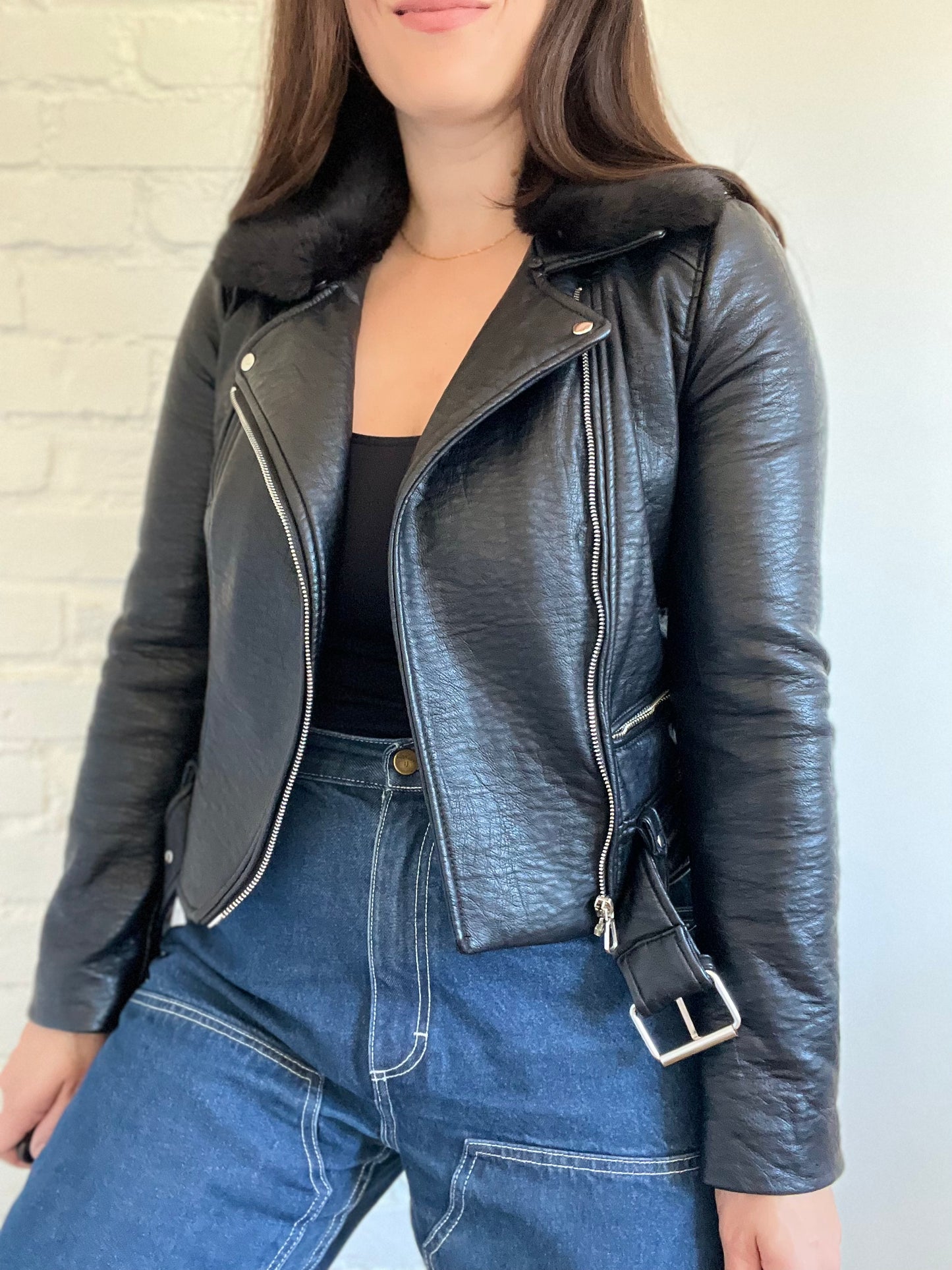 Faux Fur Collar Biker Jacket  - Size S