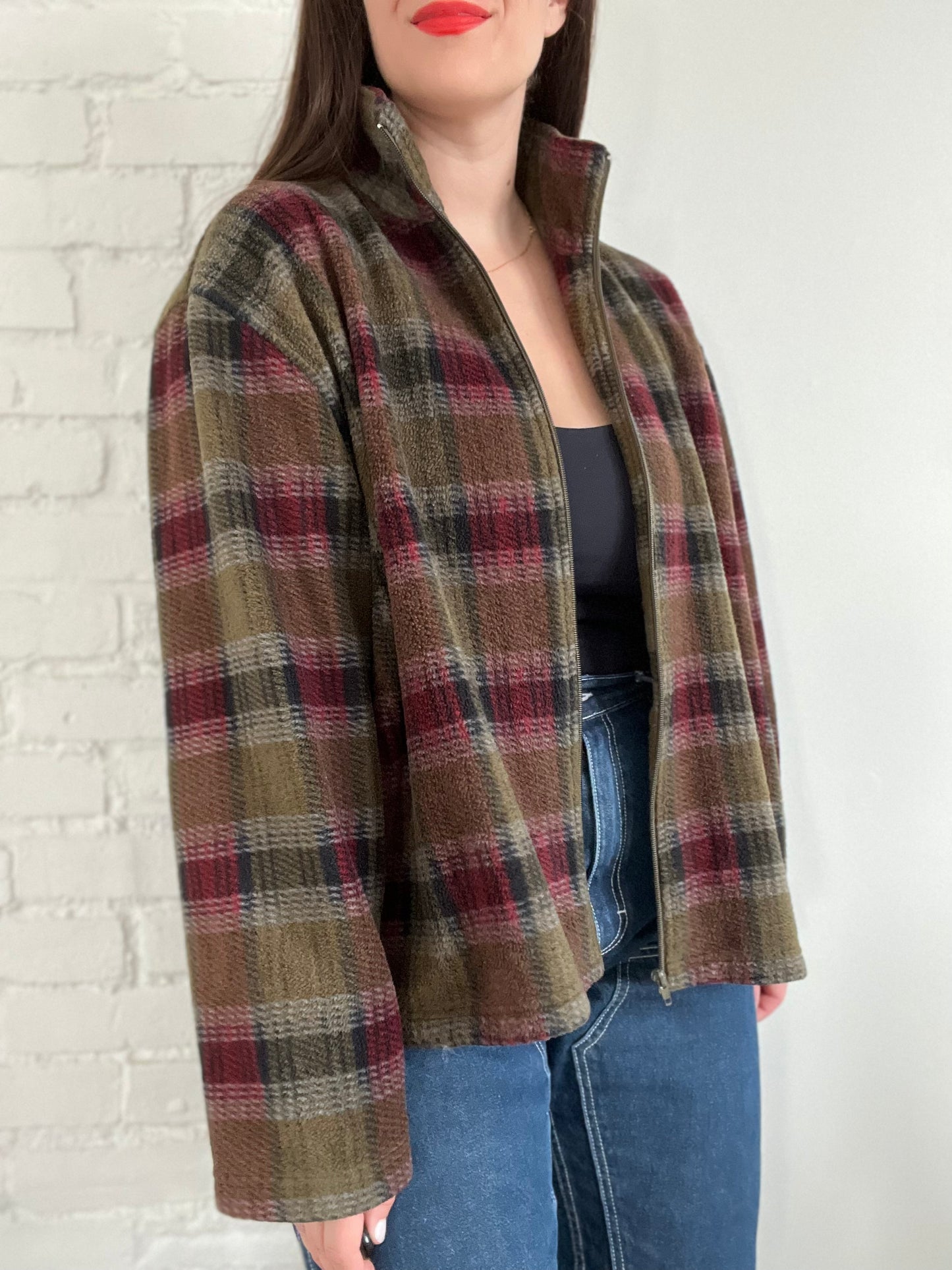 Plaid Sherpa Fleece Zip Up - L/XL