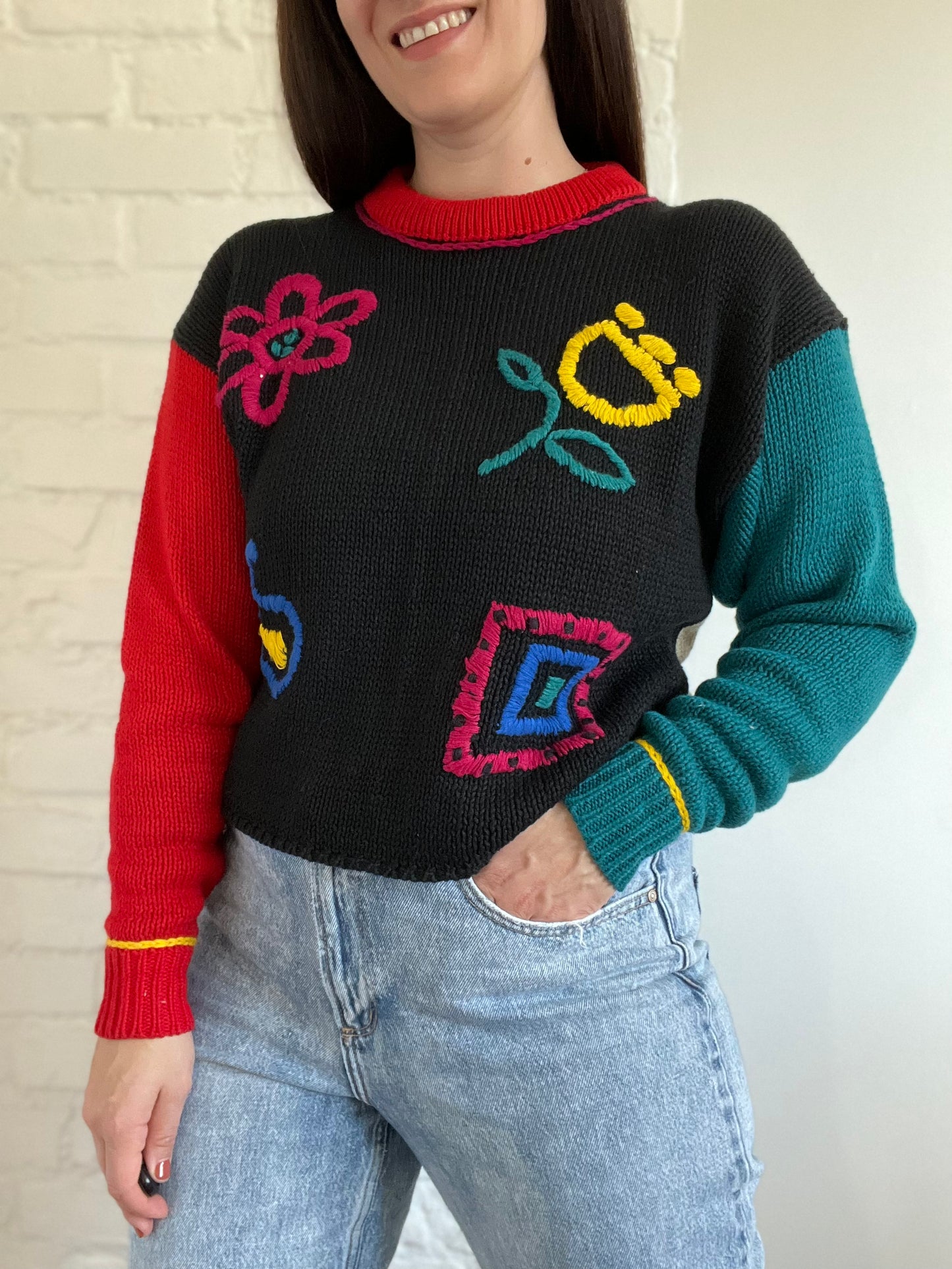 Colour Block Knit Sweater - M