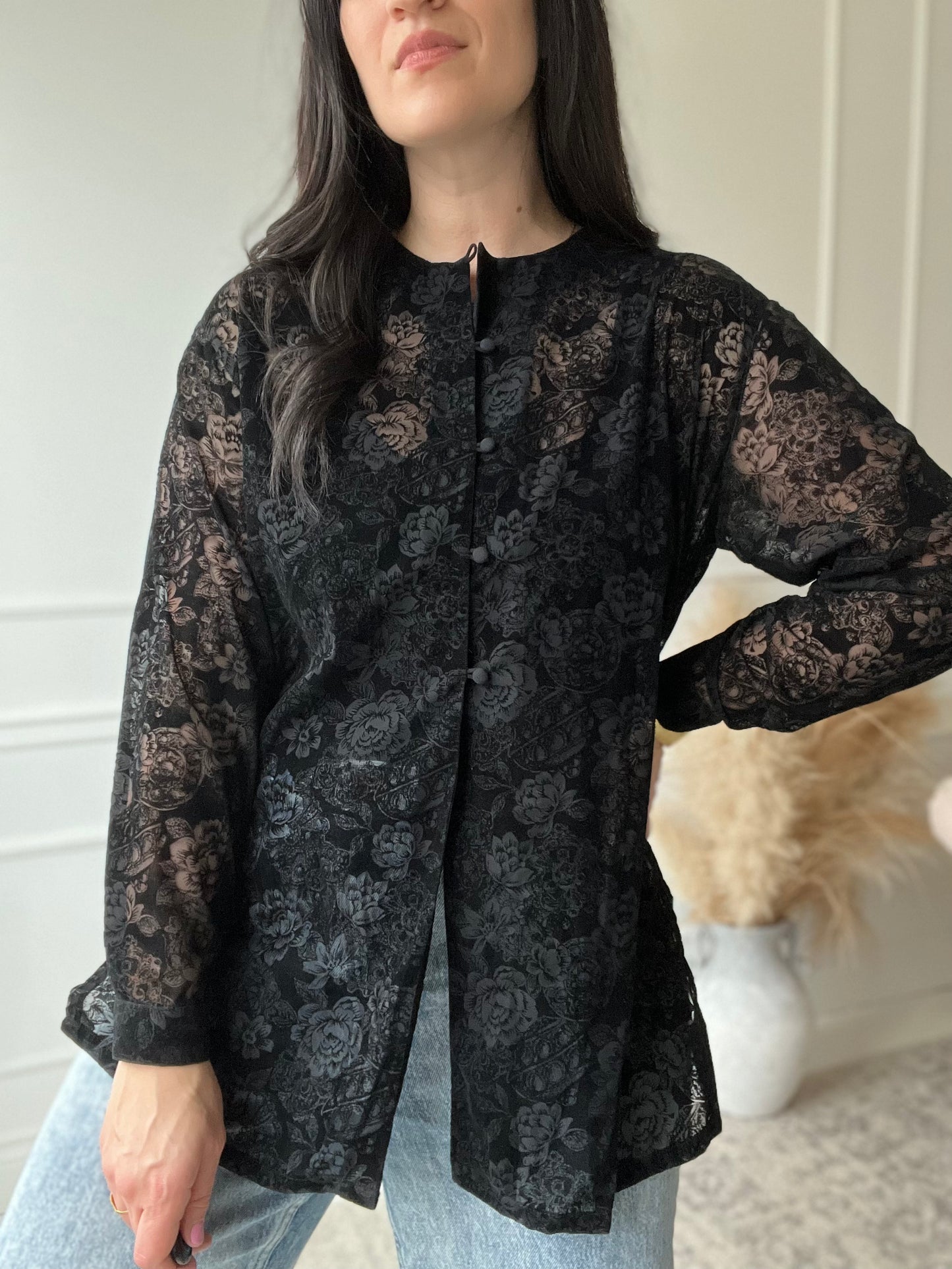 Sheer Velvet Floral Button Up - Size XL