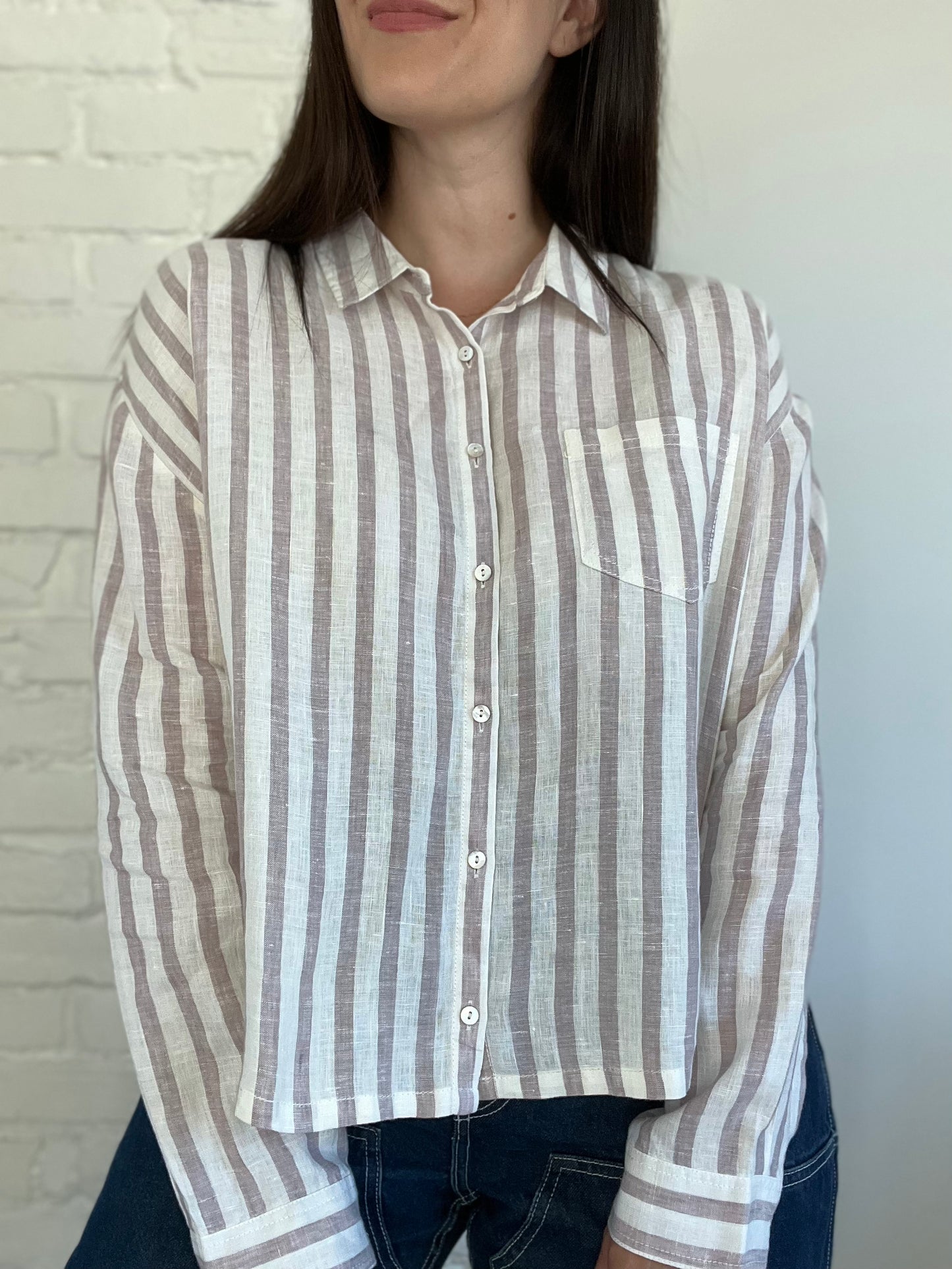 100% Linen Blush & White Blouse - Size M