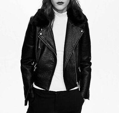 Faux Fur Collar Biker Jacket  - Size S