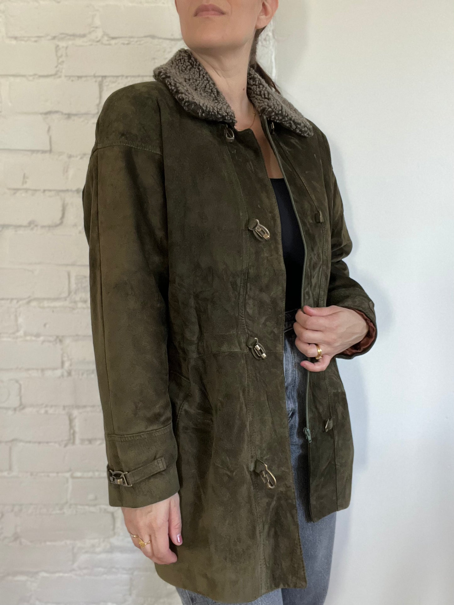 Olive Green Suede Leather Jacket - Size S/M