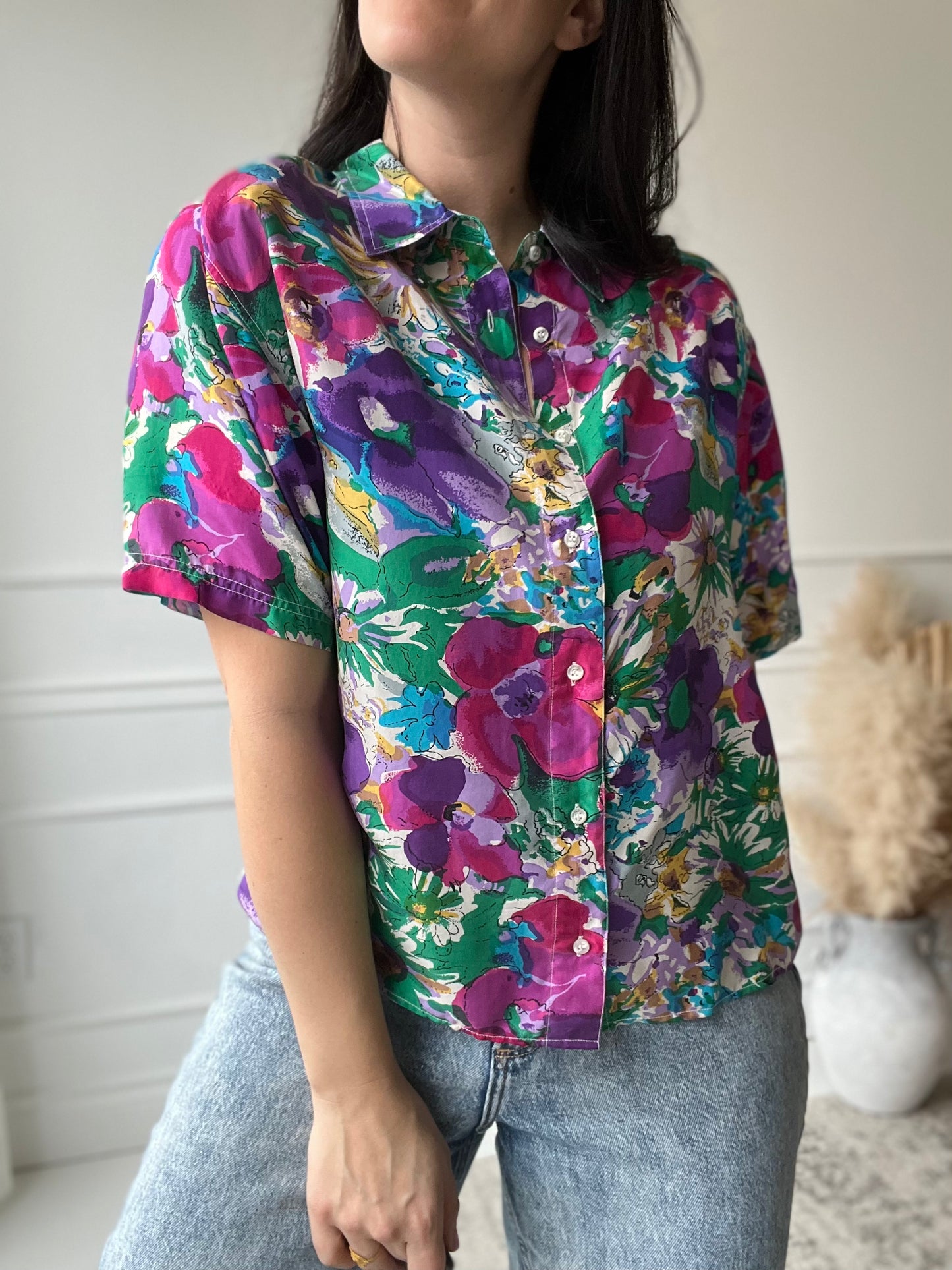 Bright Floral 100% Silk Shirt - Size L