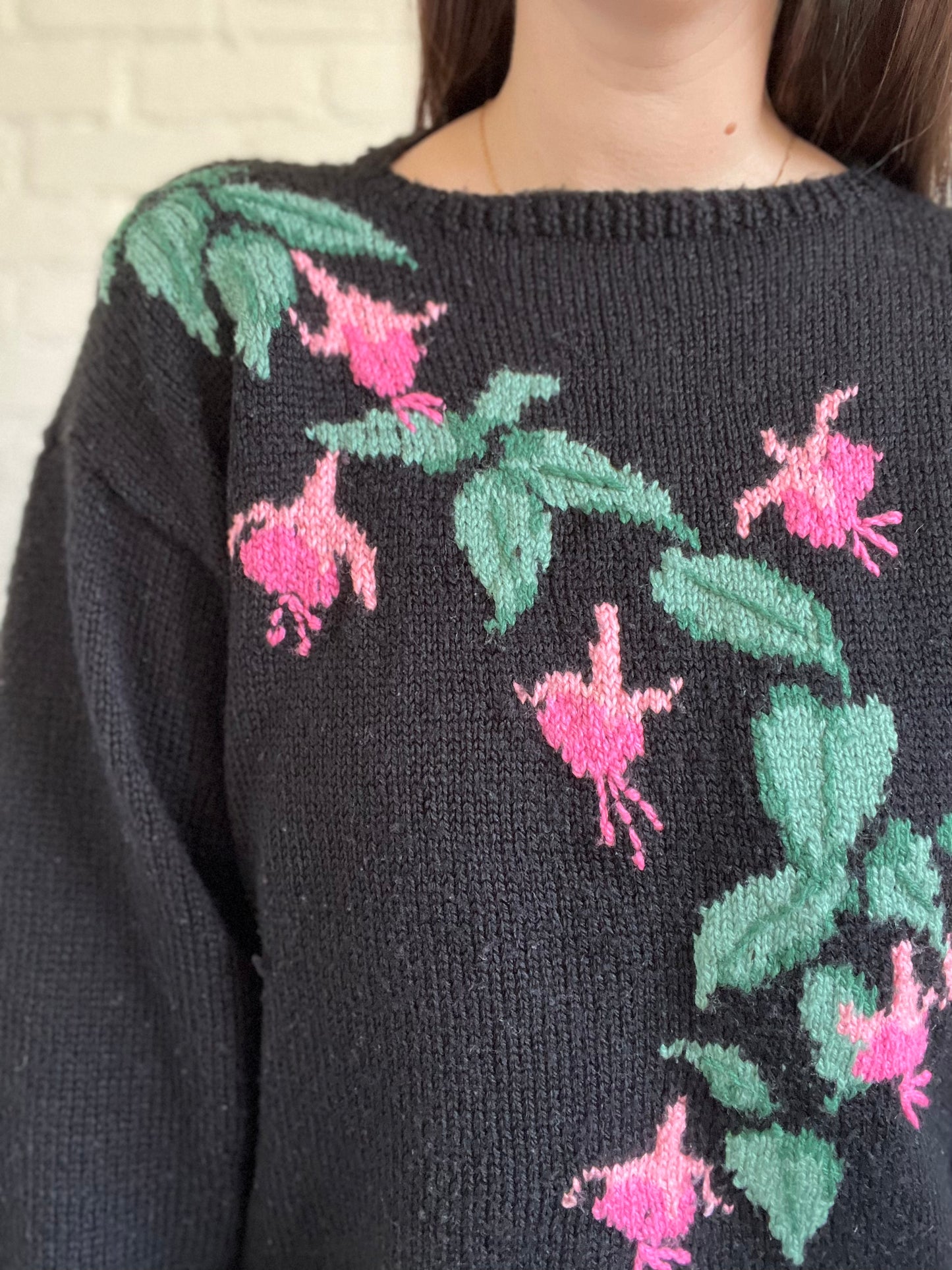 Hand Knit Black & Floral Sweater - Size L/XL