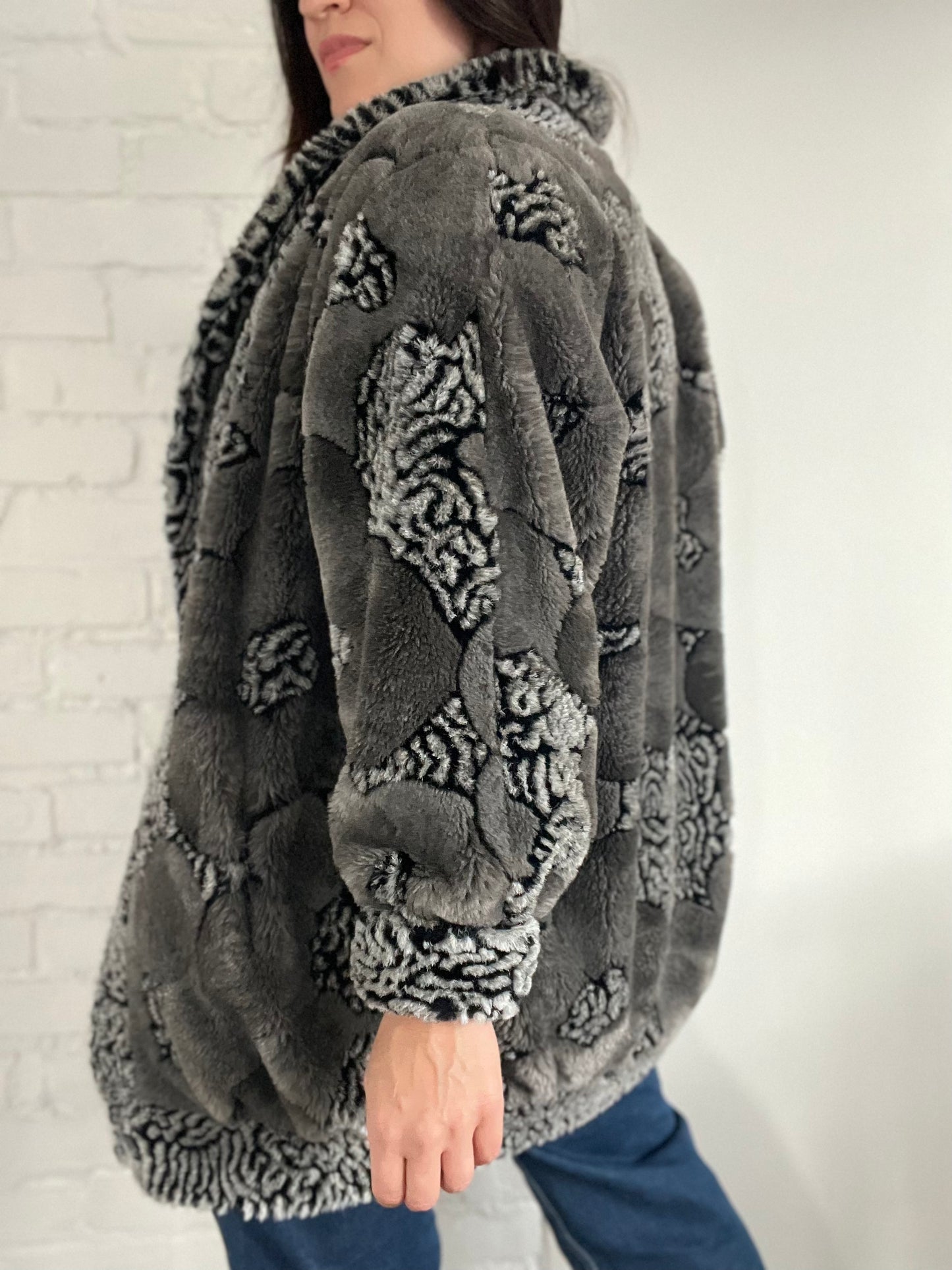 Grey & Black Faux Fur Jacket - Size S/M