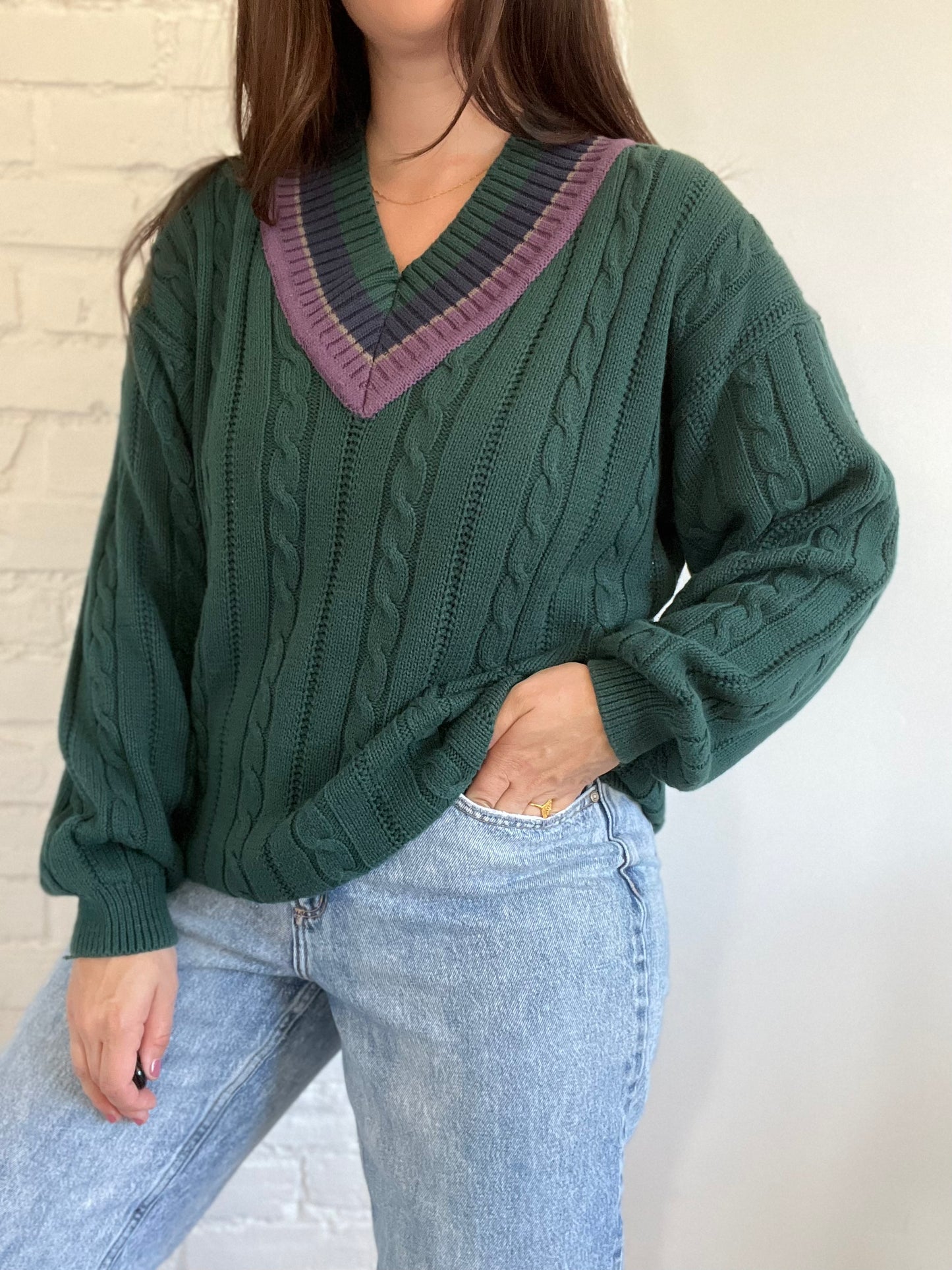 Hunter Green Tennis Cable Knit Sweater - L