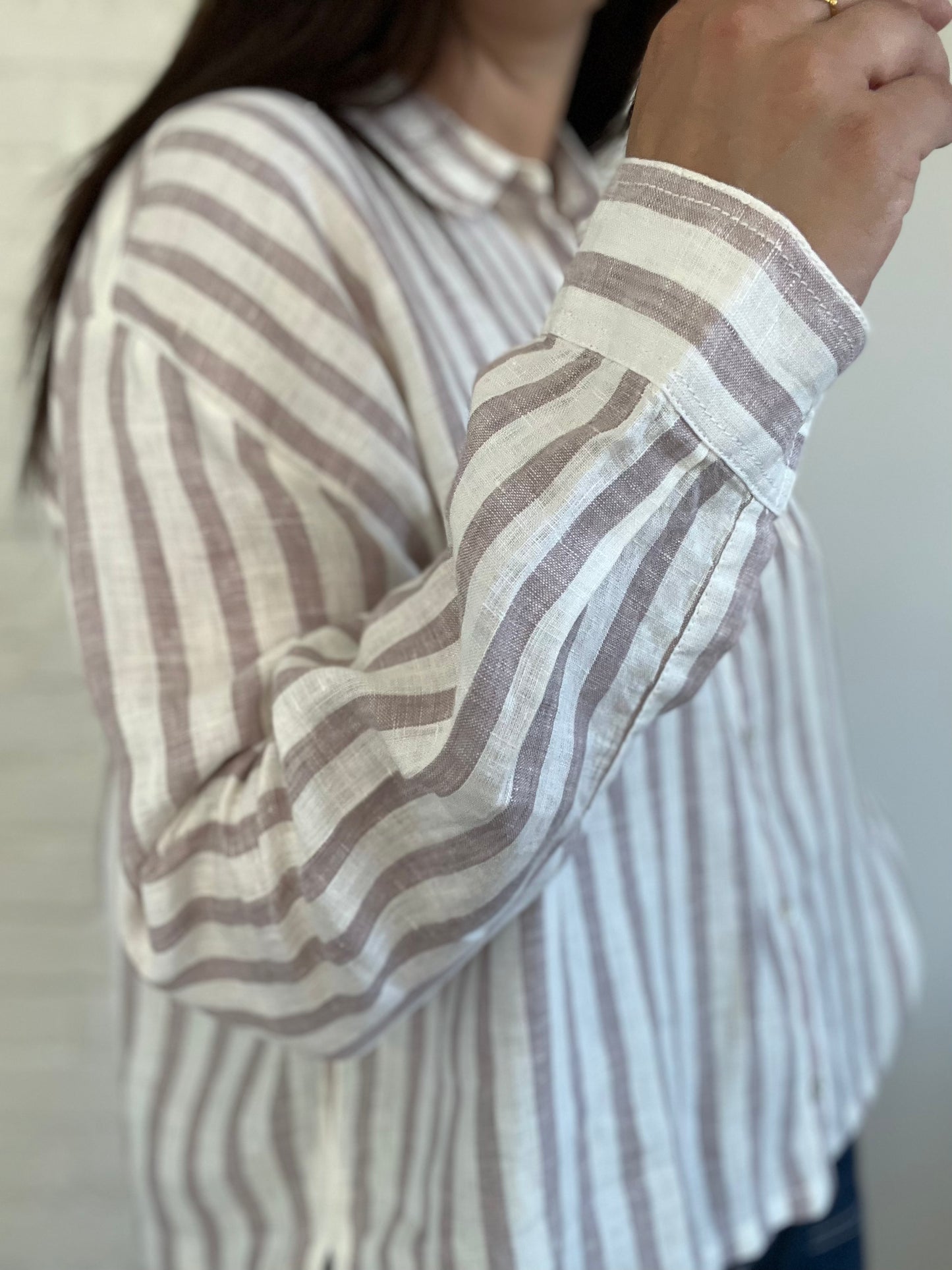 100% Linen Blush & White Blouse - Size M