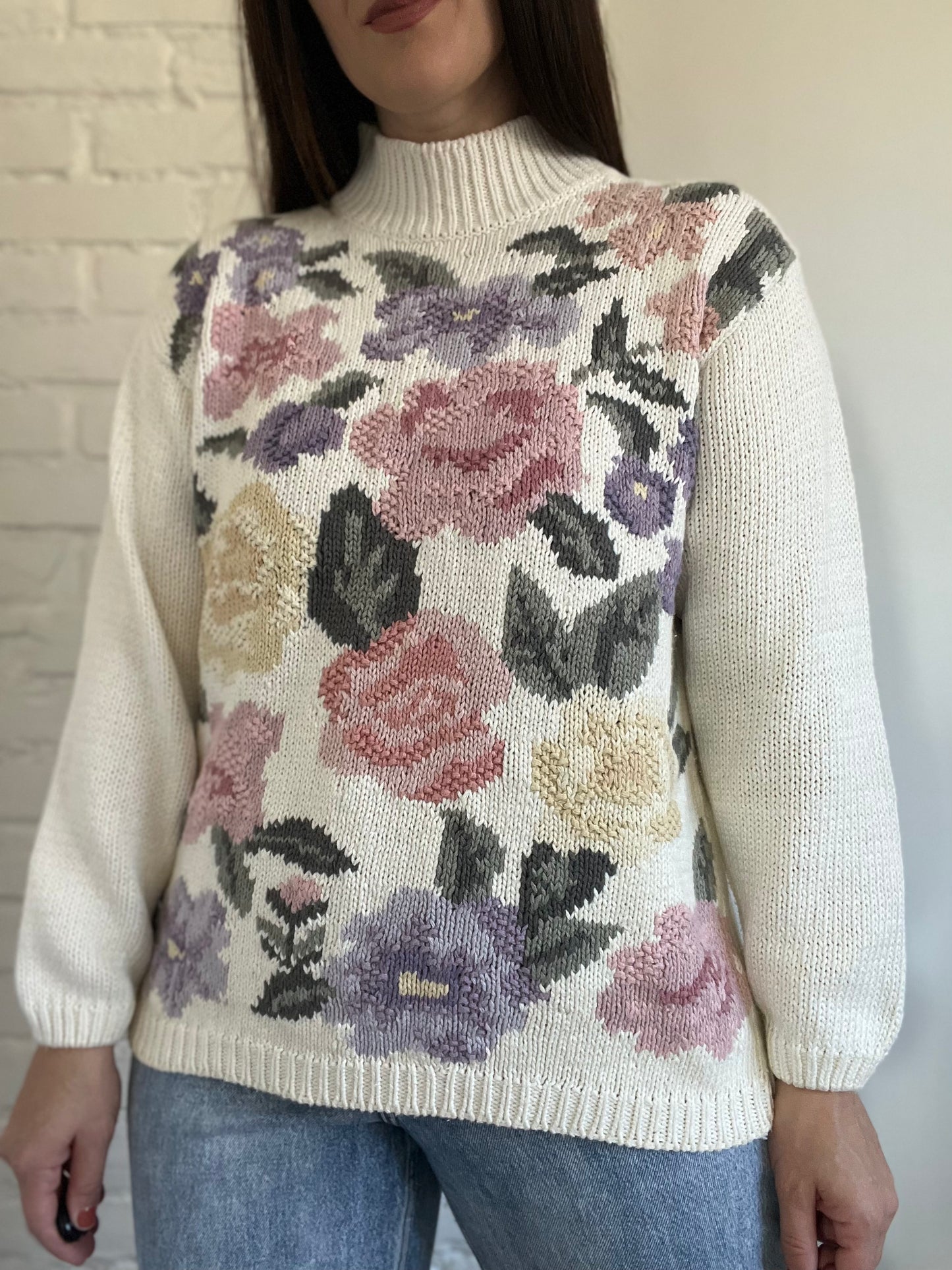 Pastel Floral Handknit Sweater - M