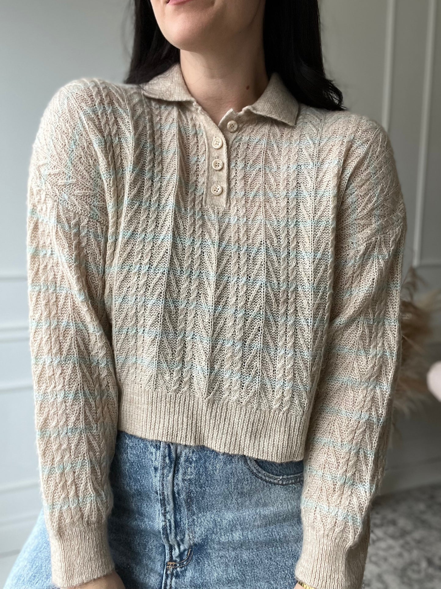 Cropped Cream & Turquoise Knit - Size XS