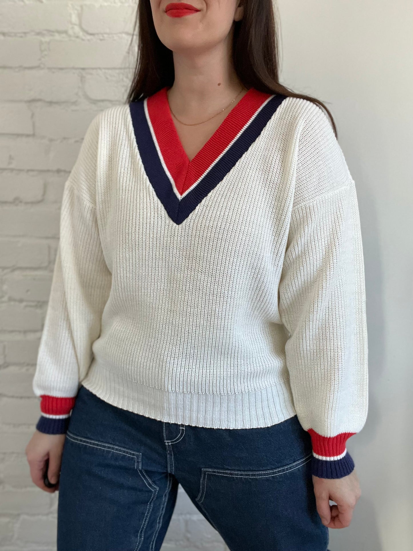 Tennis V-Neck Knit Sweater - L
