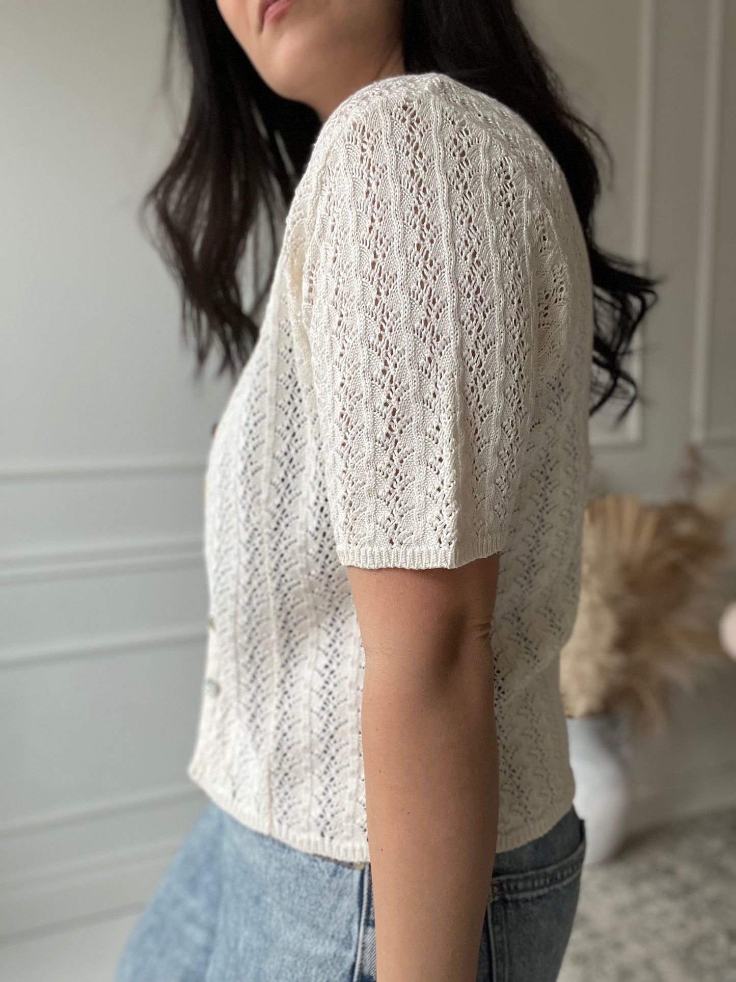 Vintage V-Neck Crochet Top - Size S