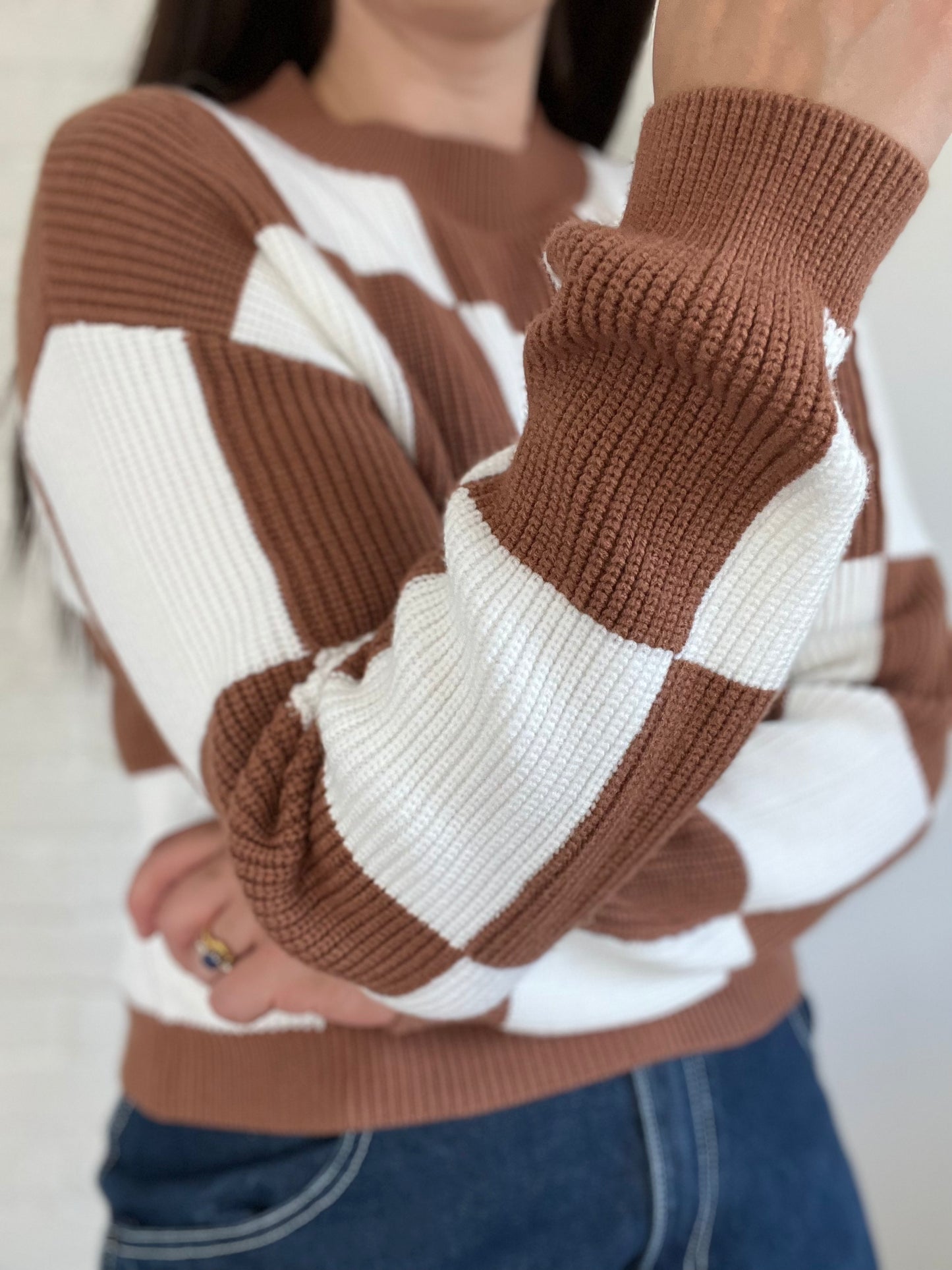 Camel & White Checkered Sweater - Size S