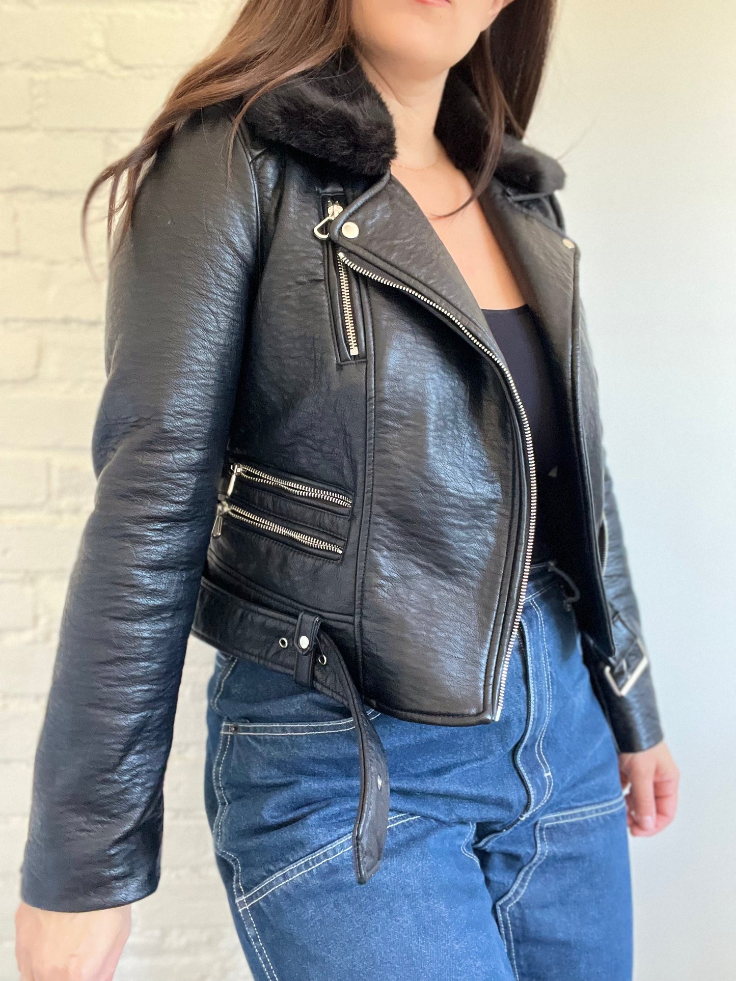 Faux Fur Collar Biker Jacket  - Size S