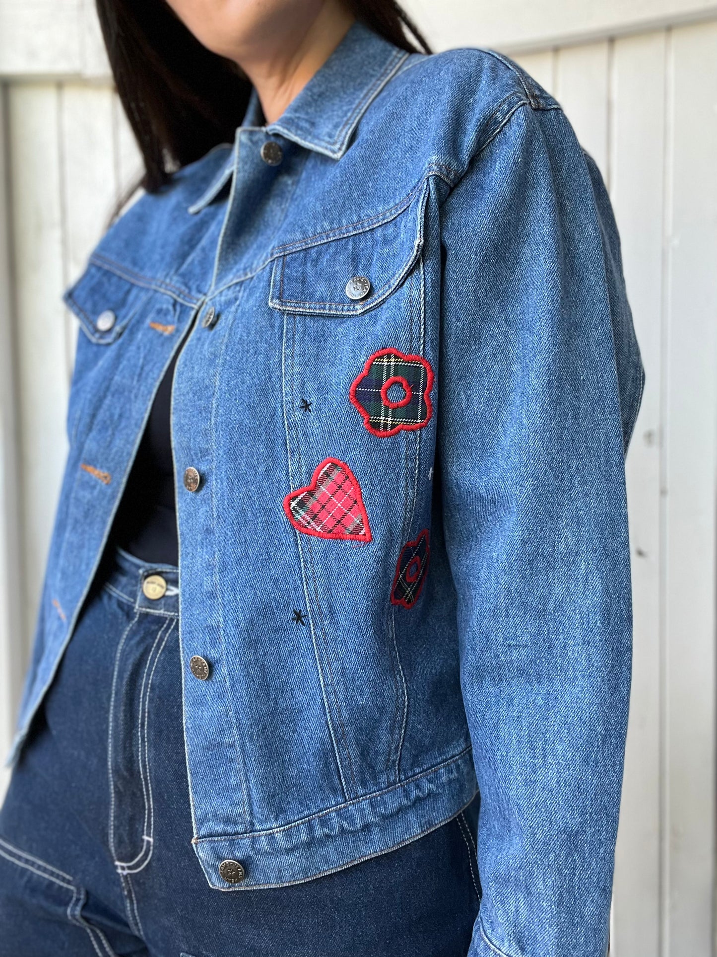 Patched Plaid Denim Jacket - Size M