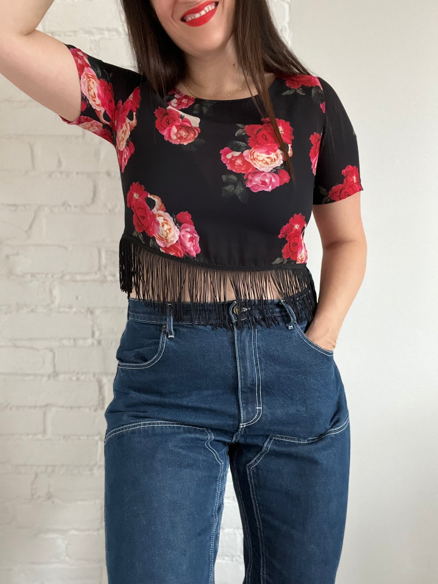Floral Fringe Crop Top - M