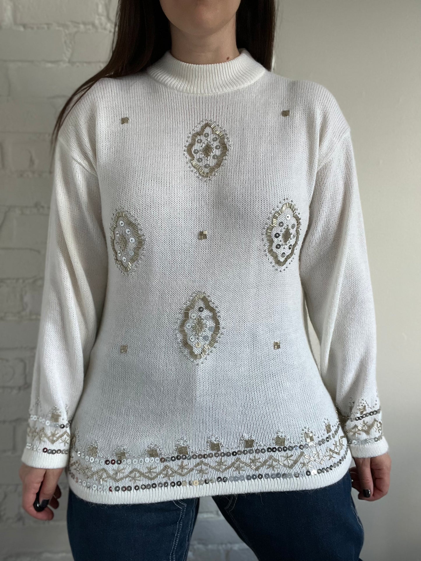 Sequinned Holiday Knit Sweater - M