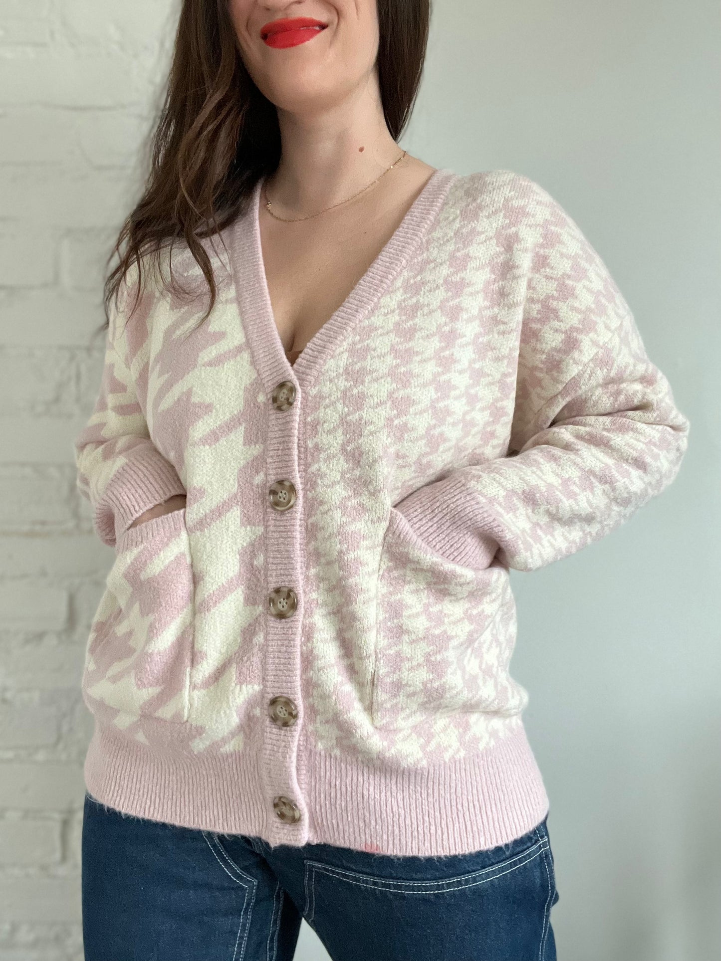 Pink n' Cream Houndstooth Cardigan - M