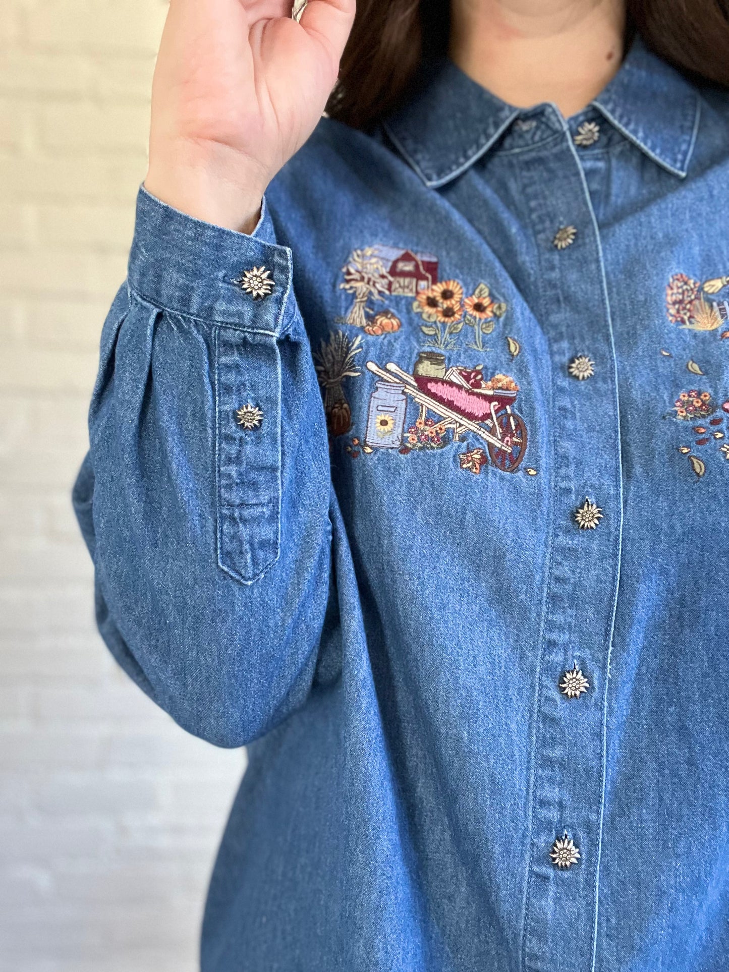 Pumpkin Denim Fall Button Up Shirt - Size XL