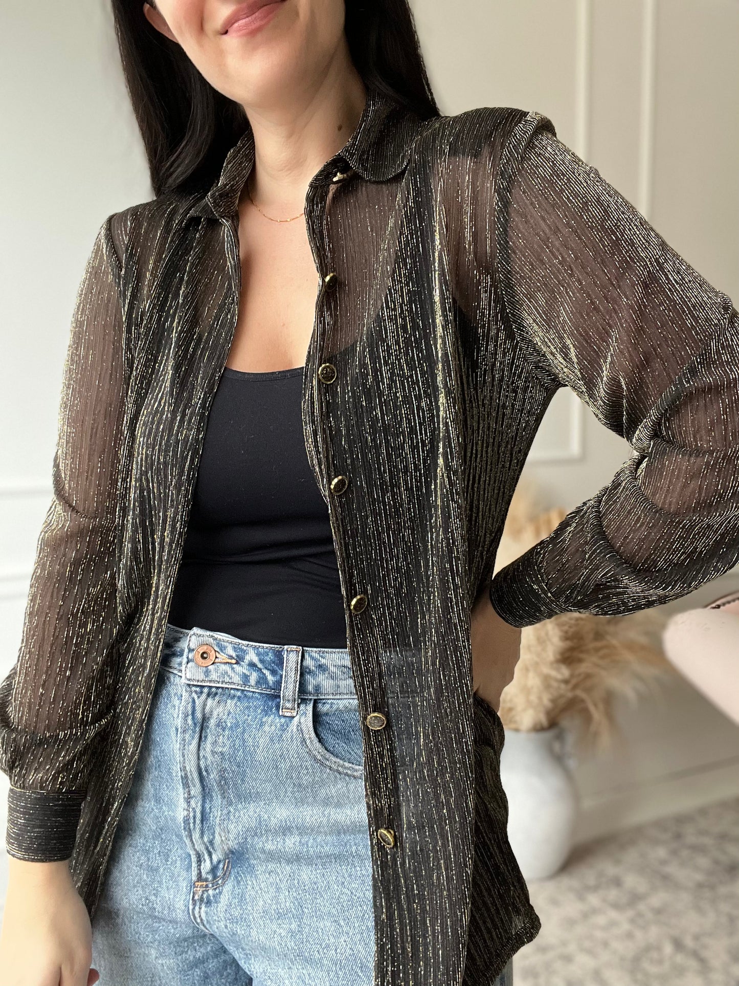 See-Through Metallic Black Shirt  - Size M