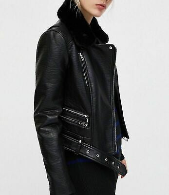 Faux Fur Collar Biker Jacket  - Size S