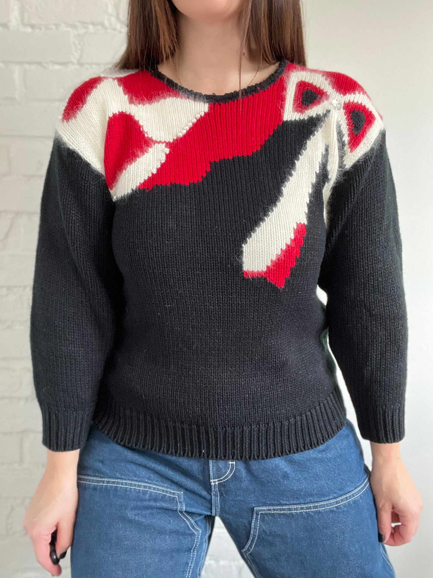 Vintage Holiday Bow Knit Sweater - Size S/M