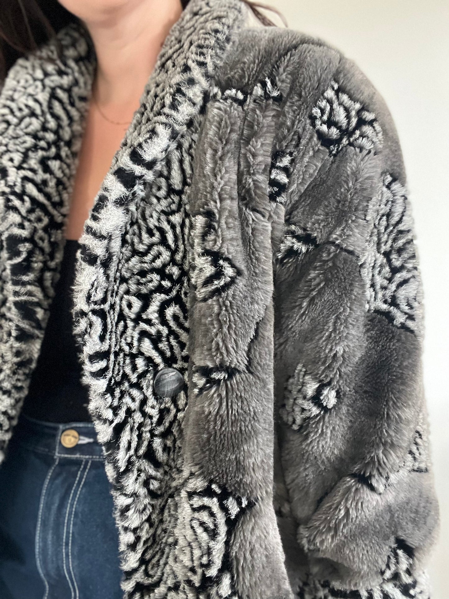 Grey & Black Faux Fur Jacket - Size S/M