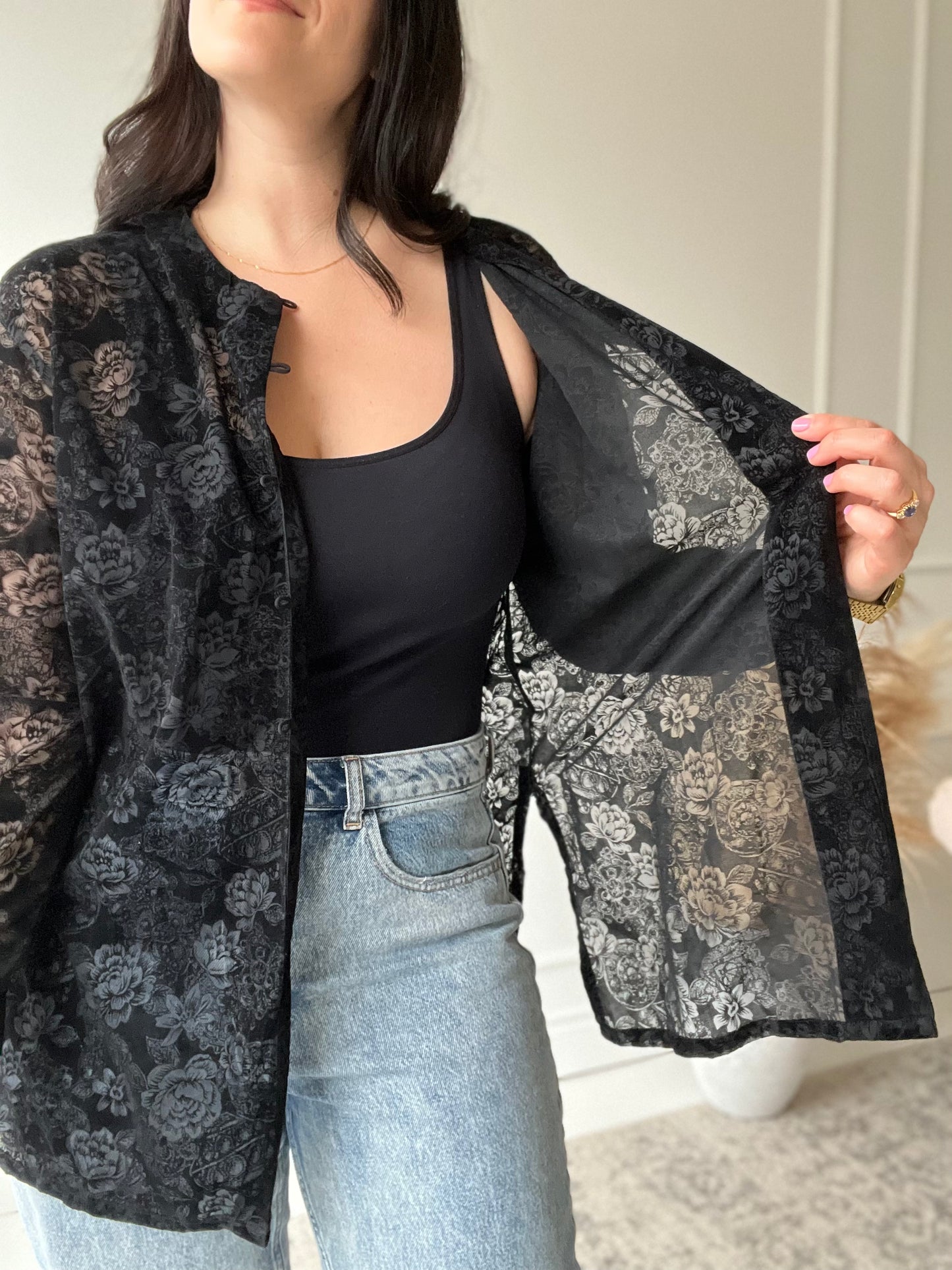 Sheer Velvet Floral Button Up - Size XL