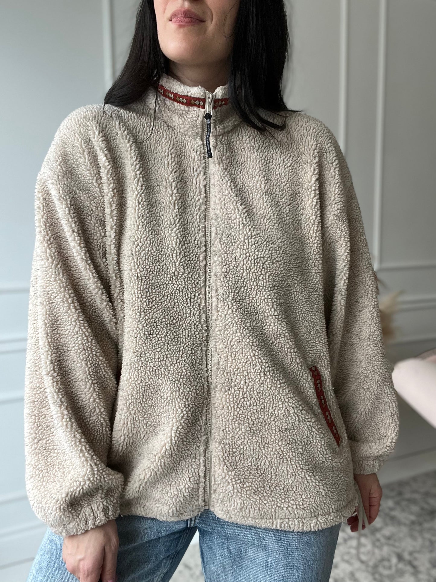 Vintage Beige Sherpa Fleece Jacket - Size XL