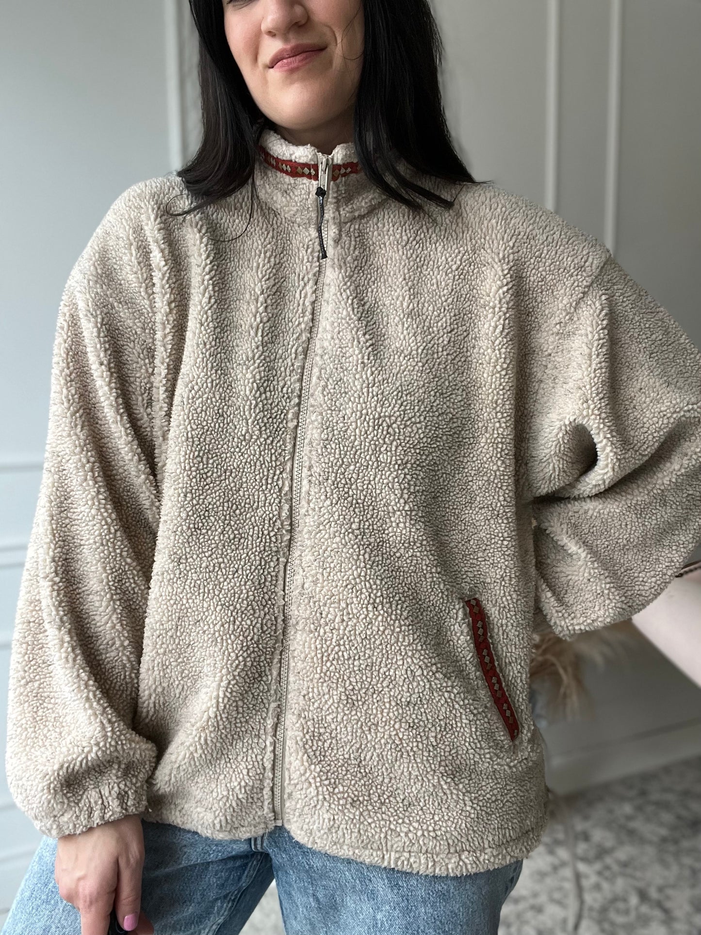 Vintage Beige Sherpa Fleece Jacket - Size XL
