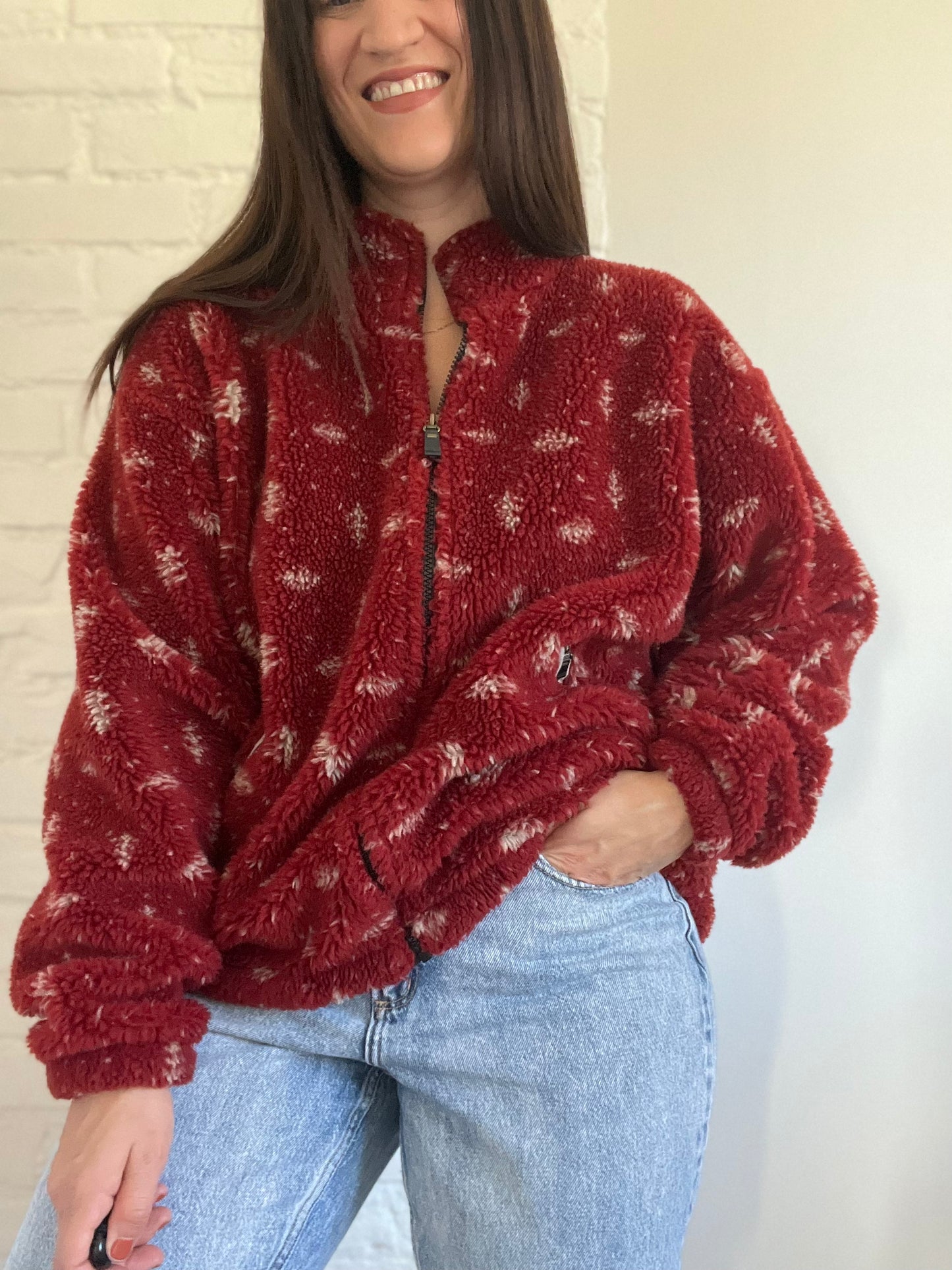 Red & White Fleece Sherpa Jacket - M/L