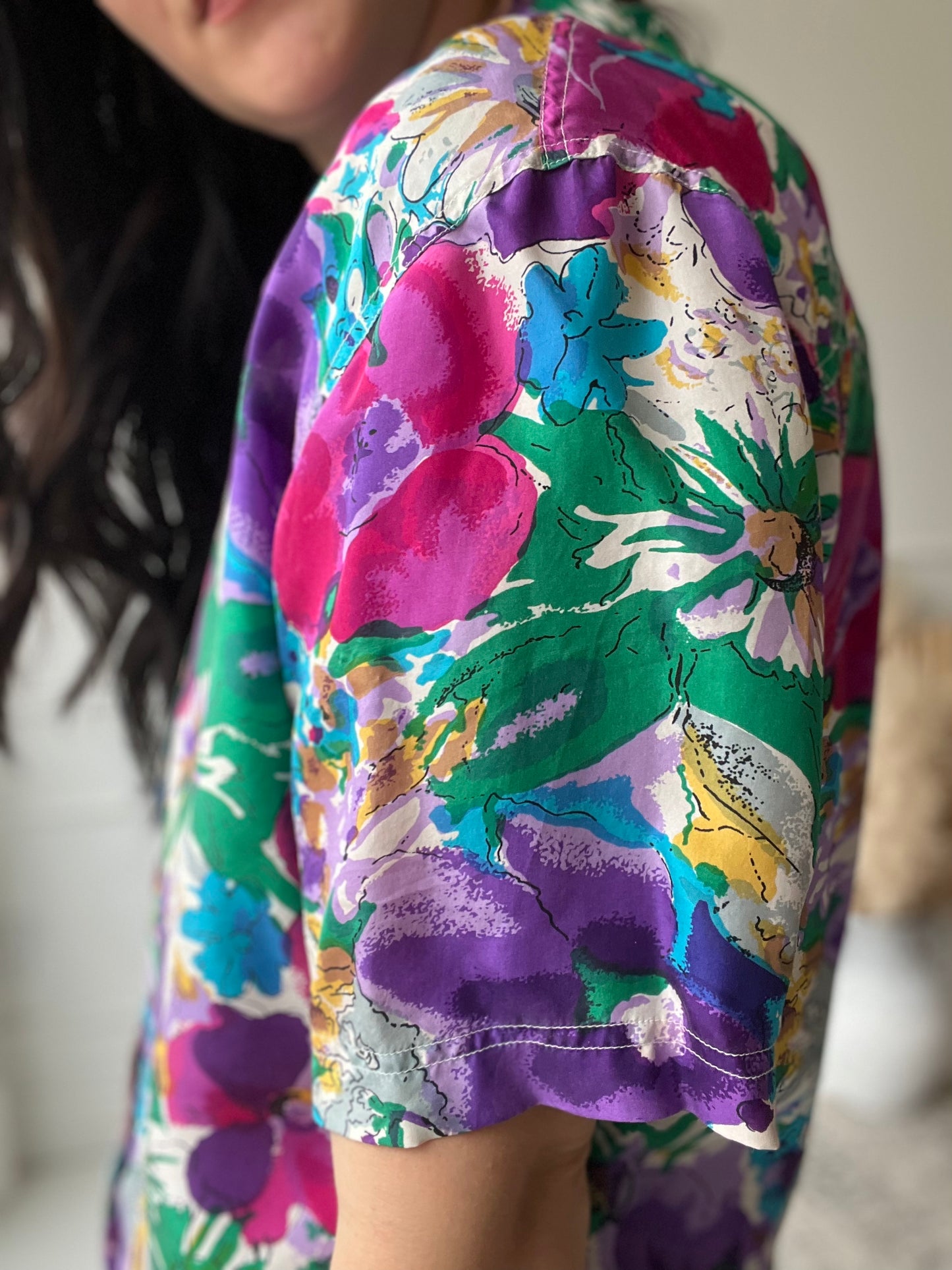 Bright Floral 100% Silk Shirt - Size L