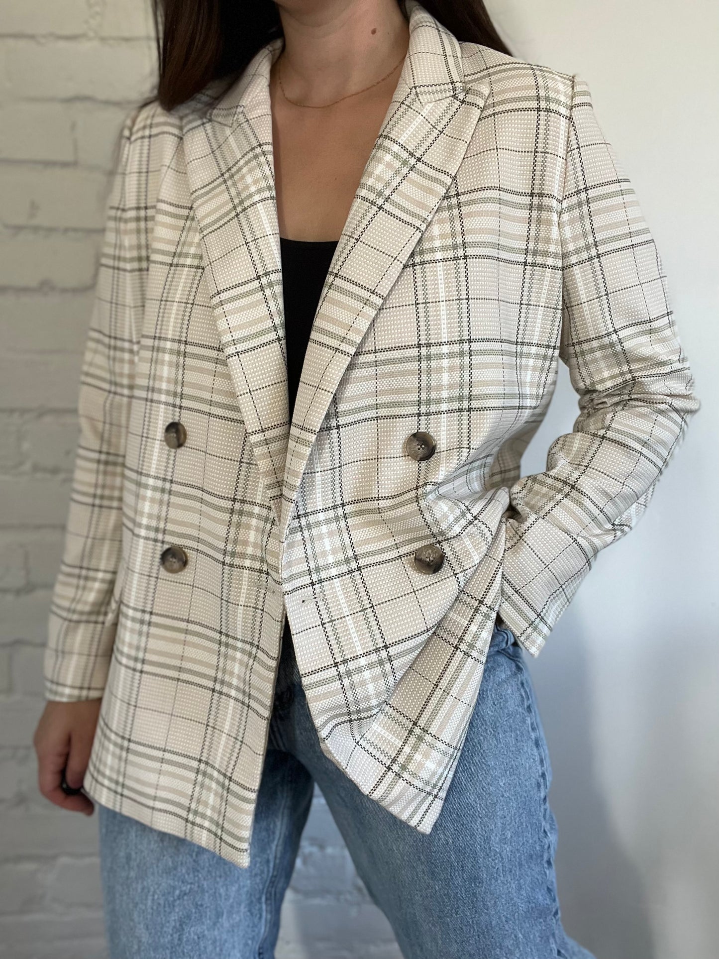 Neutral & Green Plaid Blazer Jacket - Size L