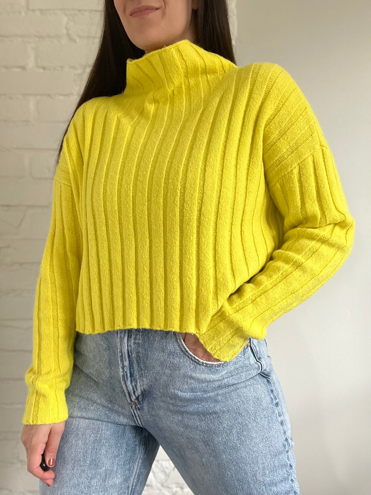 Bright Yellow Crop Mock Sweater - L