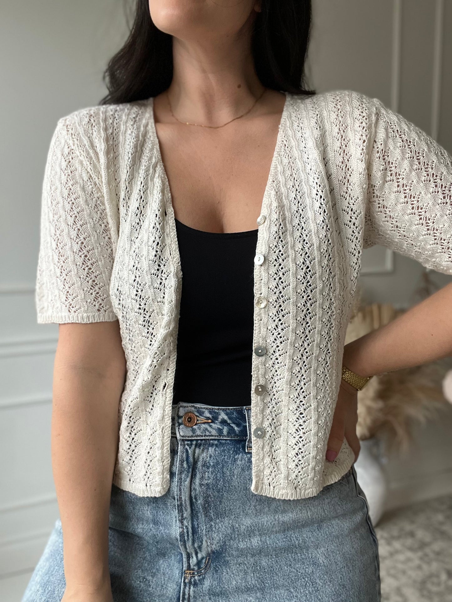 Vintage V-Neck Crochet Top - Size S
