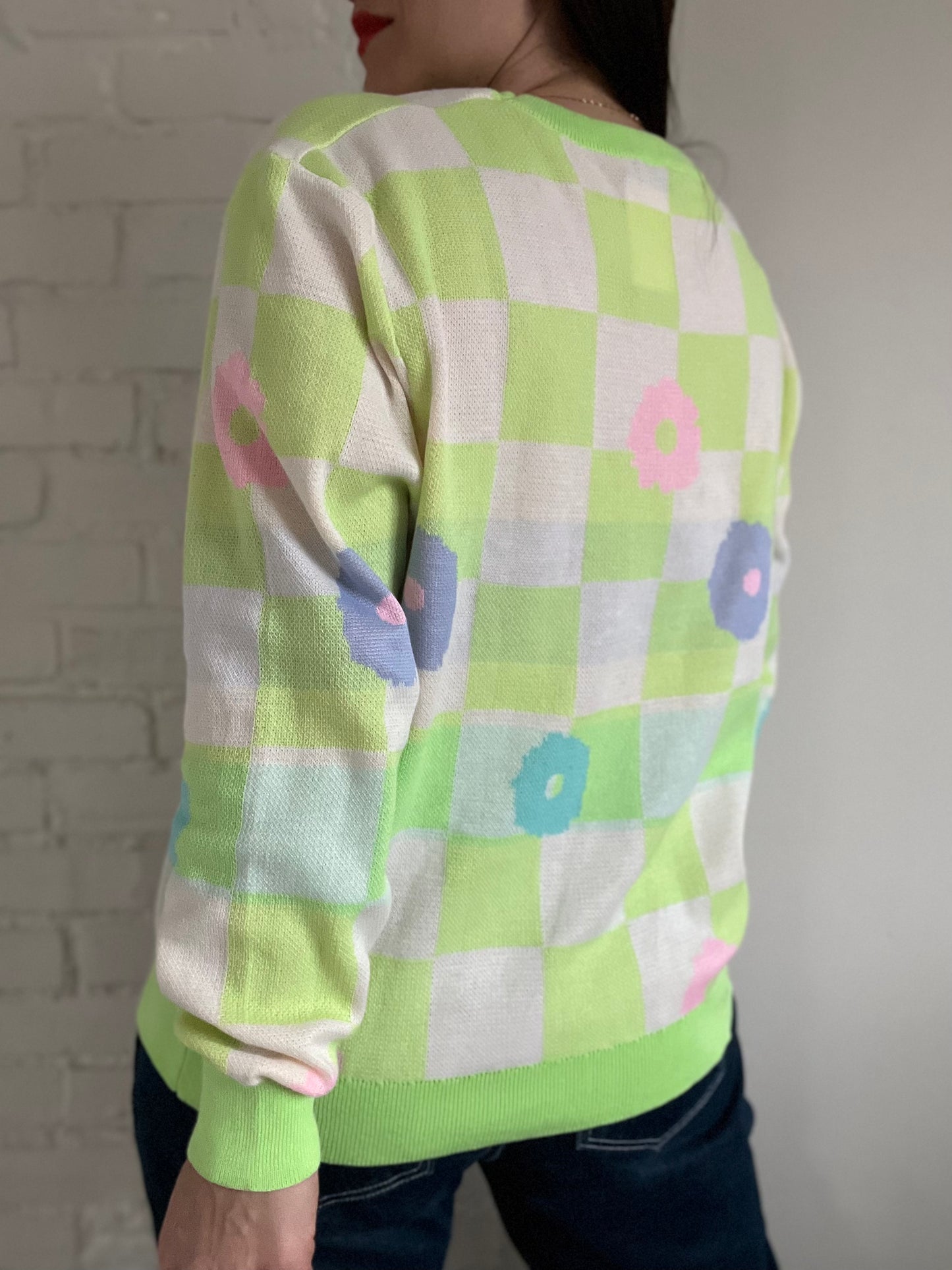 Lime Green & Floral Checkered Sweater - M/L